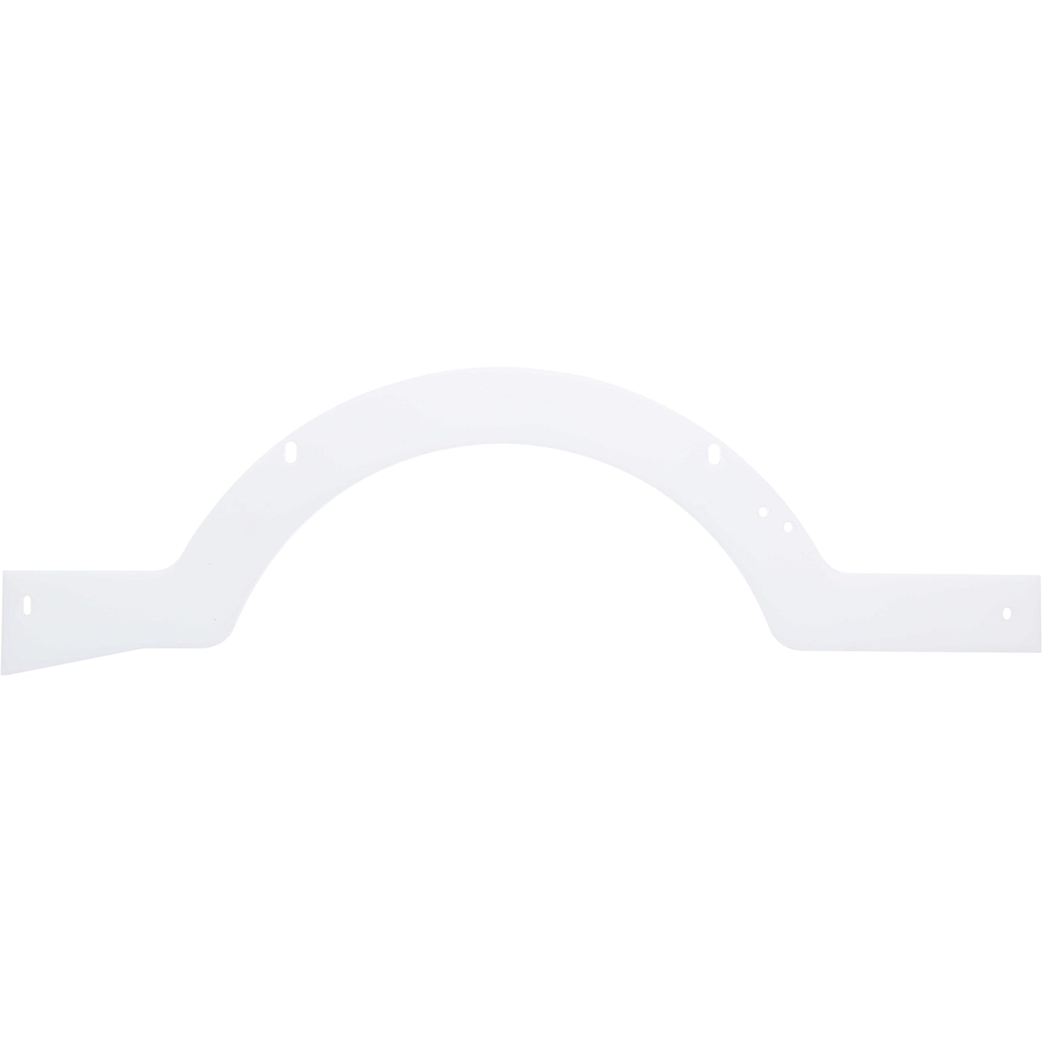 White, flat, curved rail made of HDPE with through holes on white background.