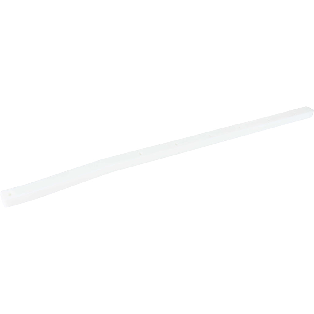 Long white plastic rail with slight bend near one of the ends. Part has multiple mounting holes and is shown on a white background. 