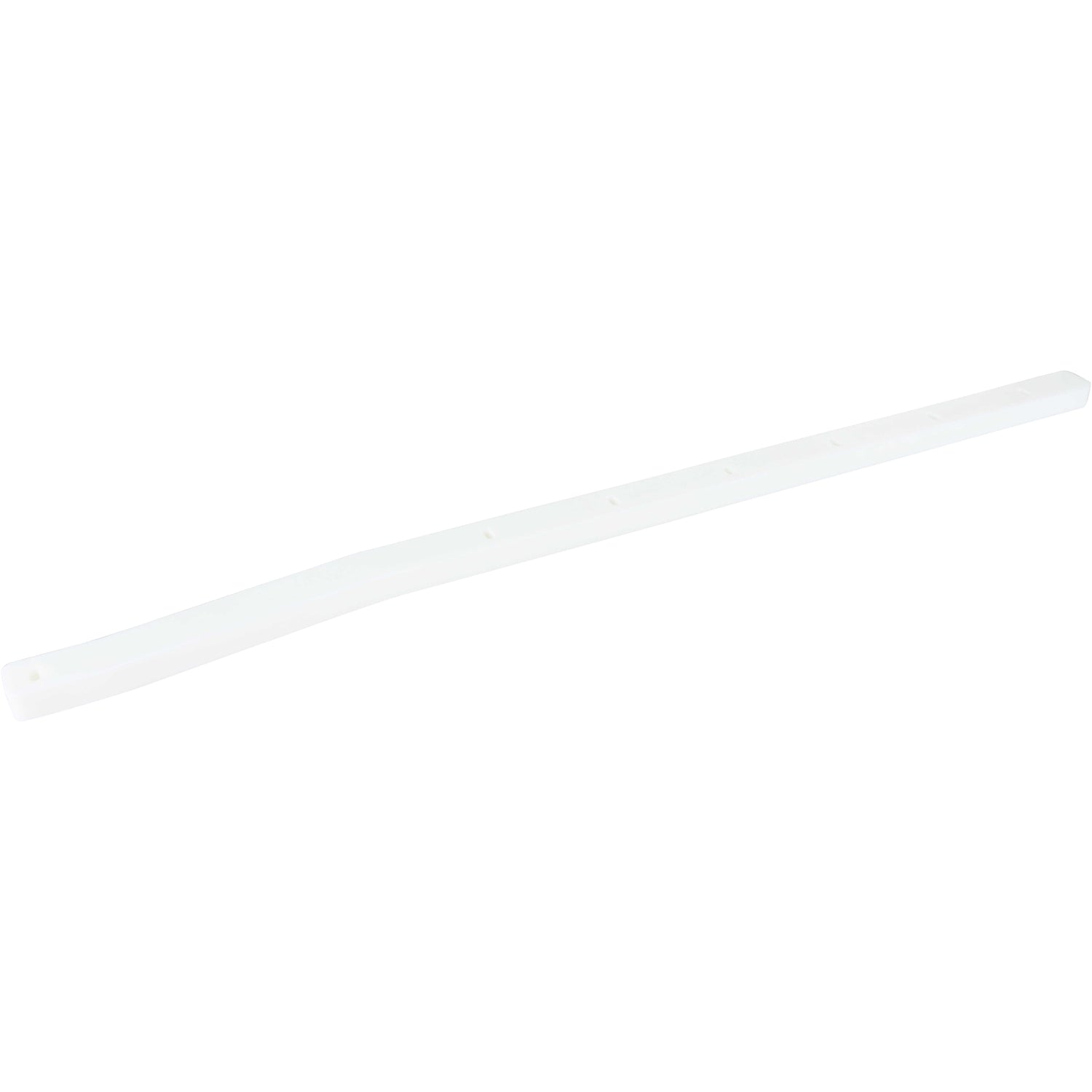Long white plastic rail with slight bend near one of the ends. Part has multiple mounting holes and is shown on a white background. 