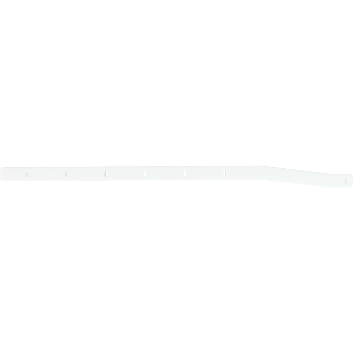 Long white plastic rail with slight bend near one of the ends. Part has multiple mounting holes and is shown on a white background. 