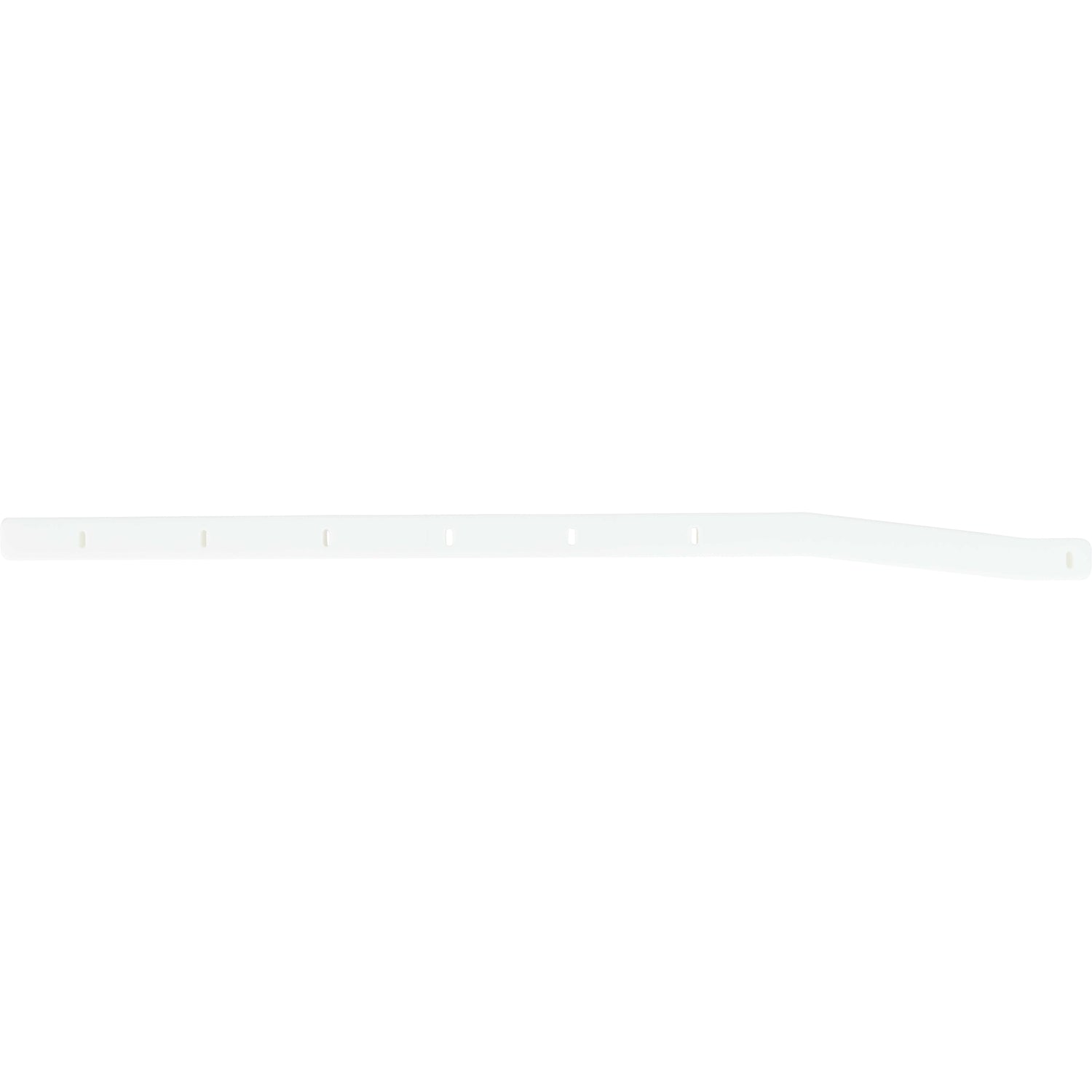 Long white plastic rail with slight bend near one of the ends. Part has multiple mounting holes and is shown on a white background. 