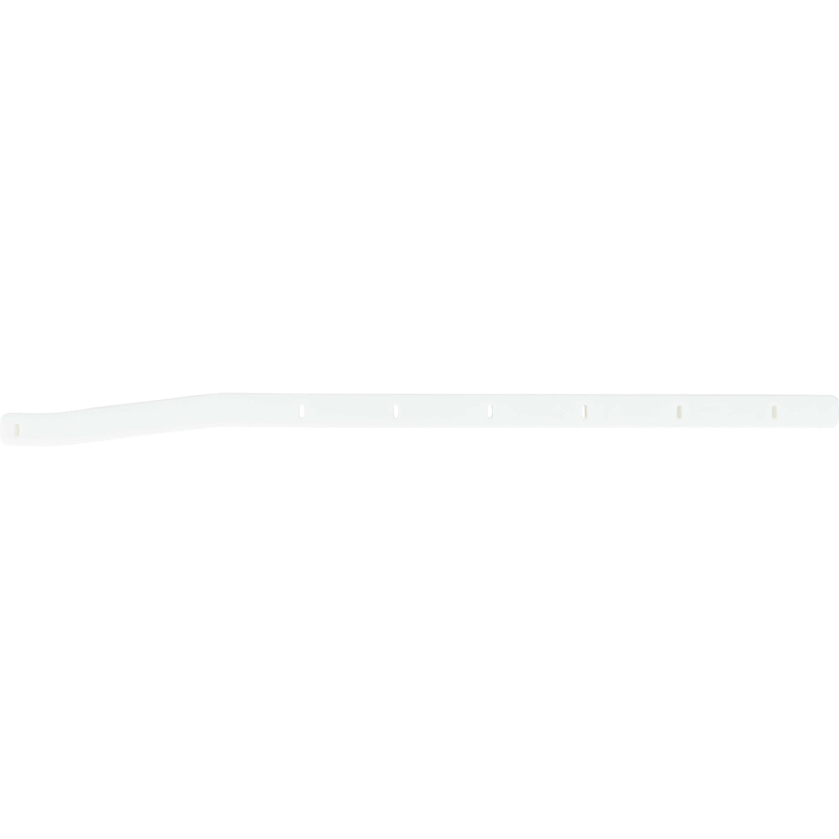 Long white plastic rail with slight bend near one of the ends. Part has multiple mounting holes and is shown on a white background. 