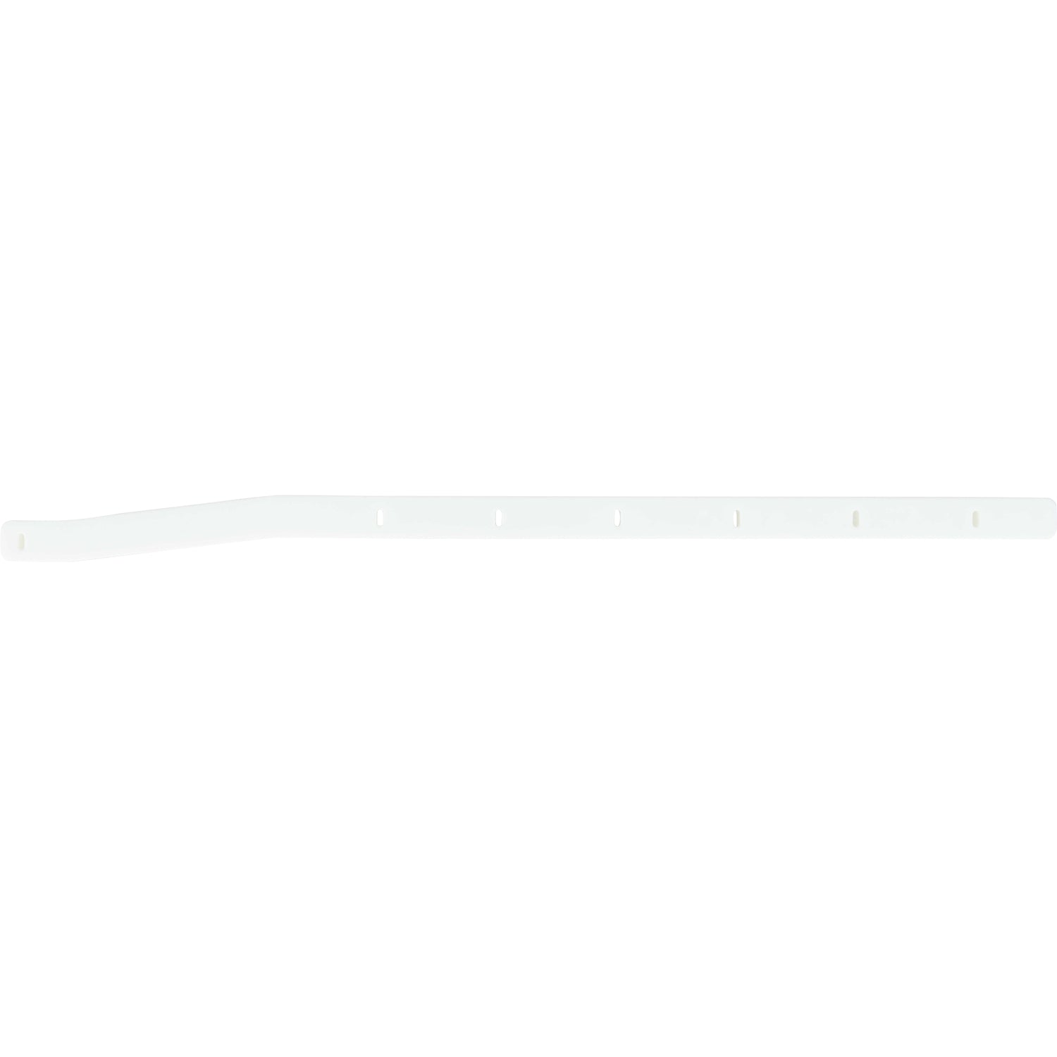 Long white plastic rail with slight bend near one of the ends. Part has multiple mounting holes and is shown on a white background. 