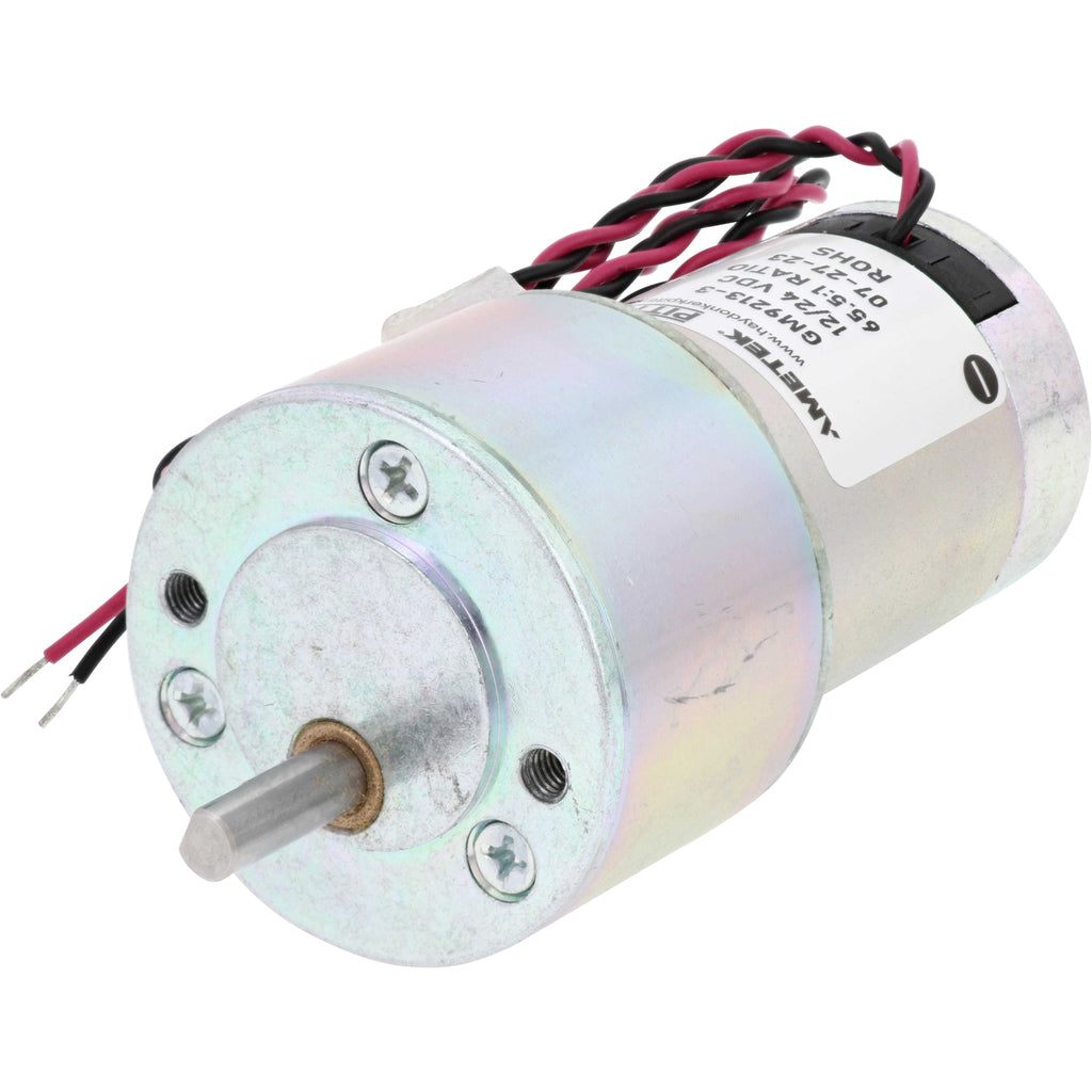 Mini gear motor with red and black wires on white background. 