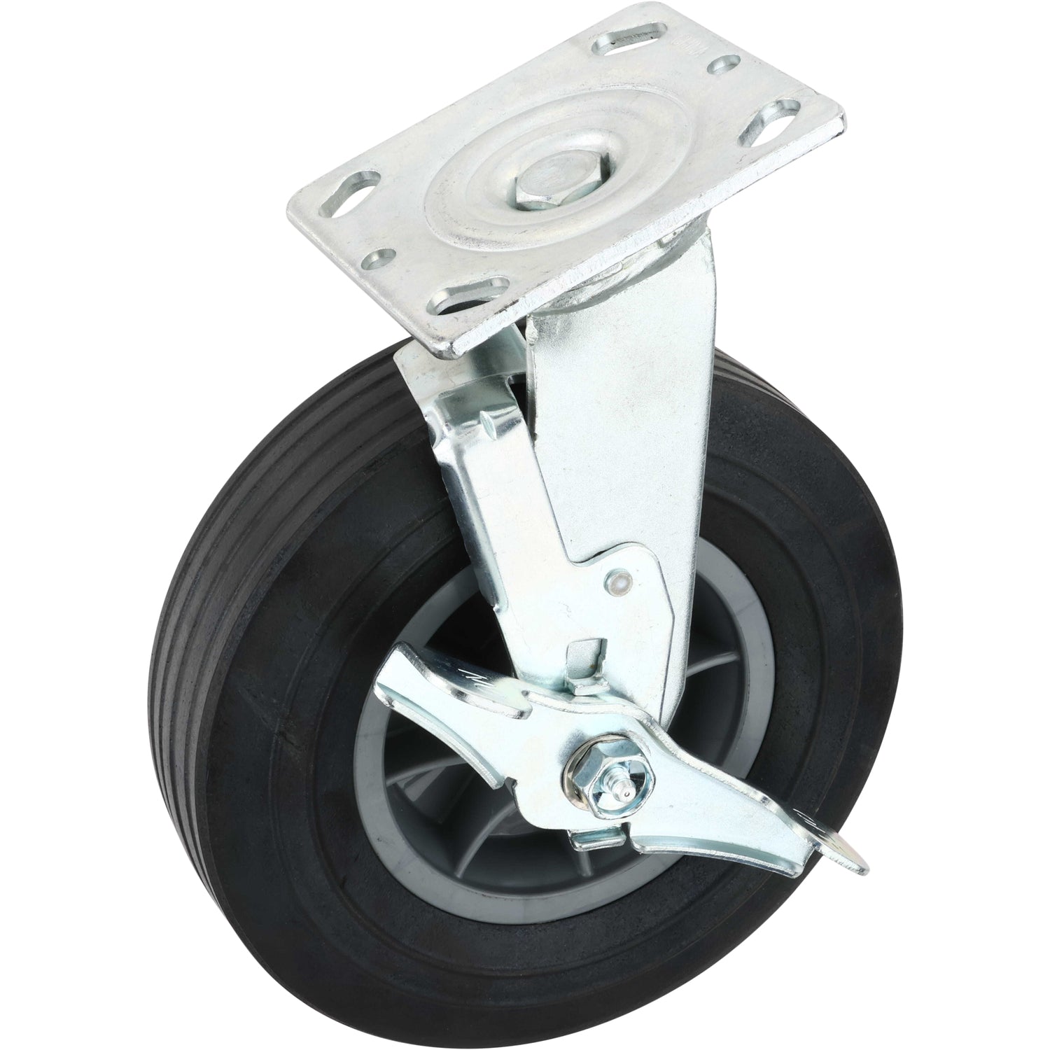 Swivel Caster with black rubber wheel material and locking break on white background. 