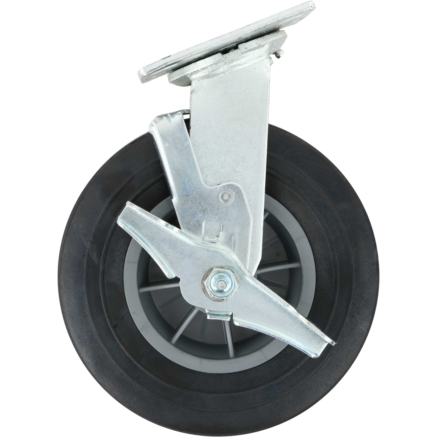 Swivel Caster with black rubber wheel material and locking break on white background.