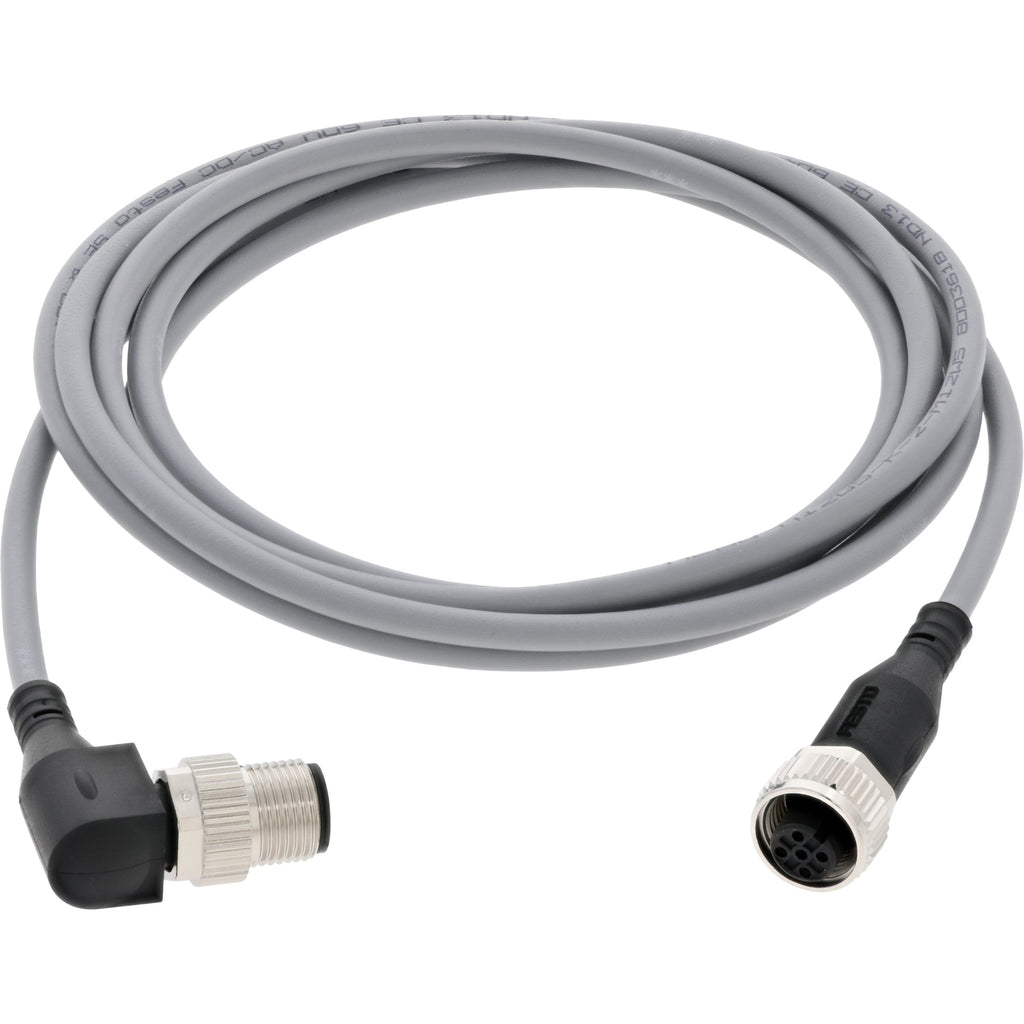 Grey coiled connecting cable with a 90 degree molded end on one end and a straight molded end on the other. Cable shown on white background.. 