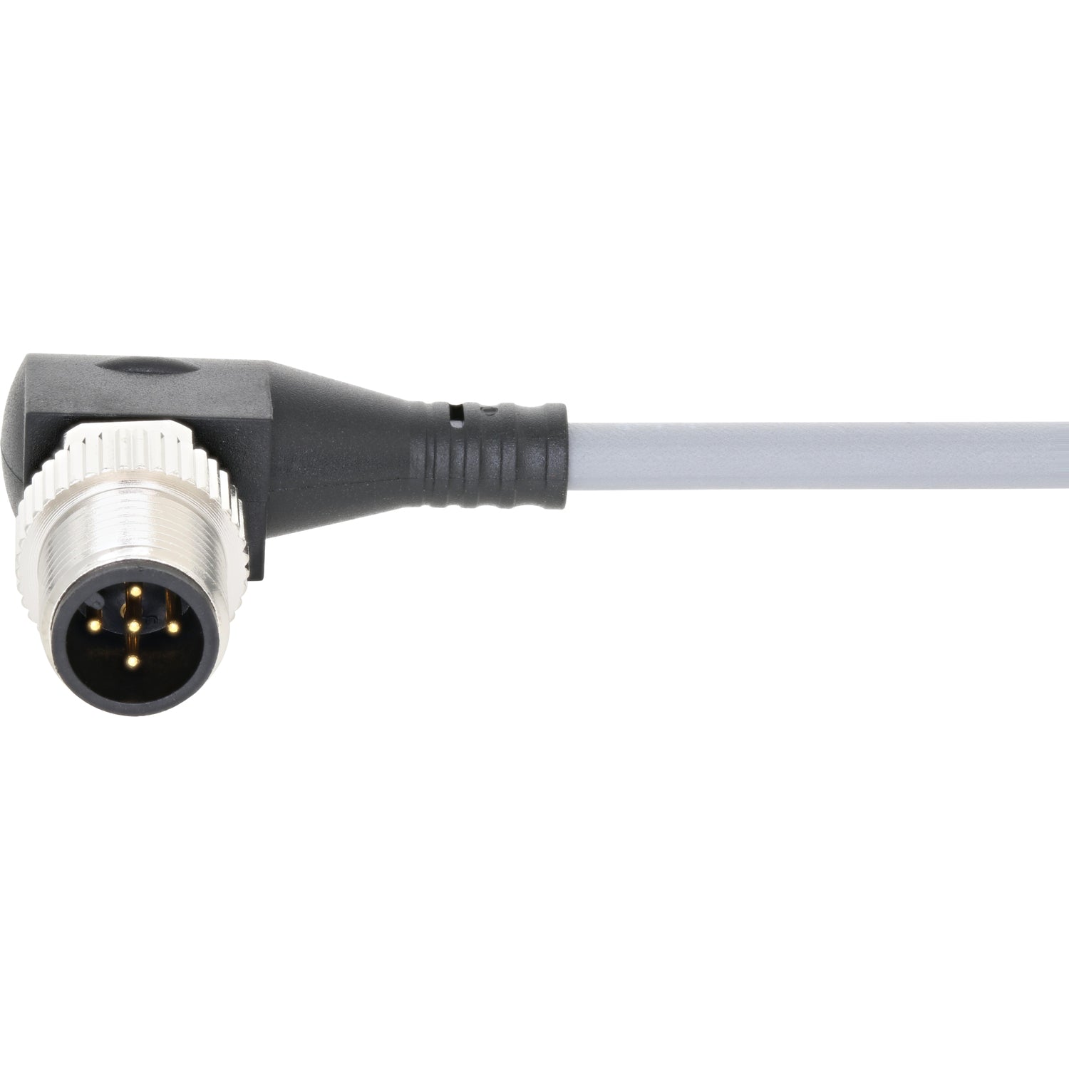 Grey connecting cable with a 90 degree molded end on one end. Cable shown on white background.. 