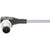 Grey connecting cable with a 90 degree molded end on one end. Cable shown on white background.. 