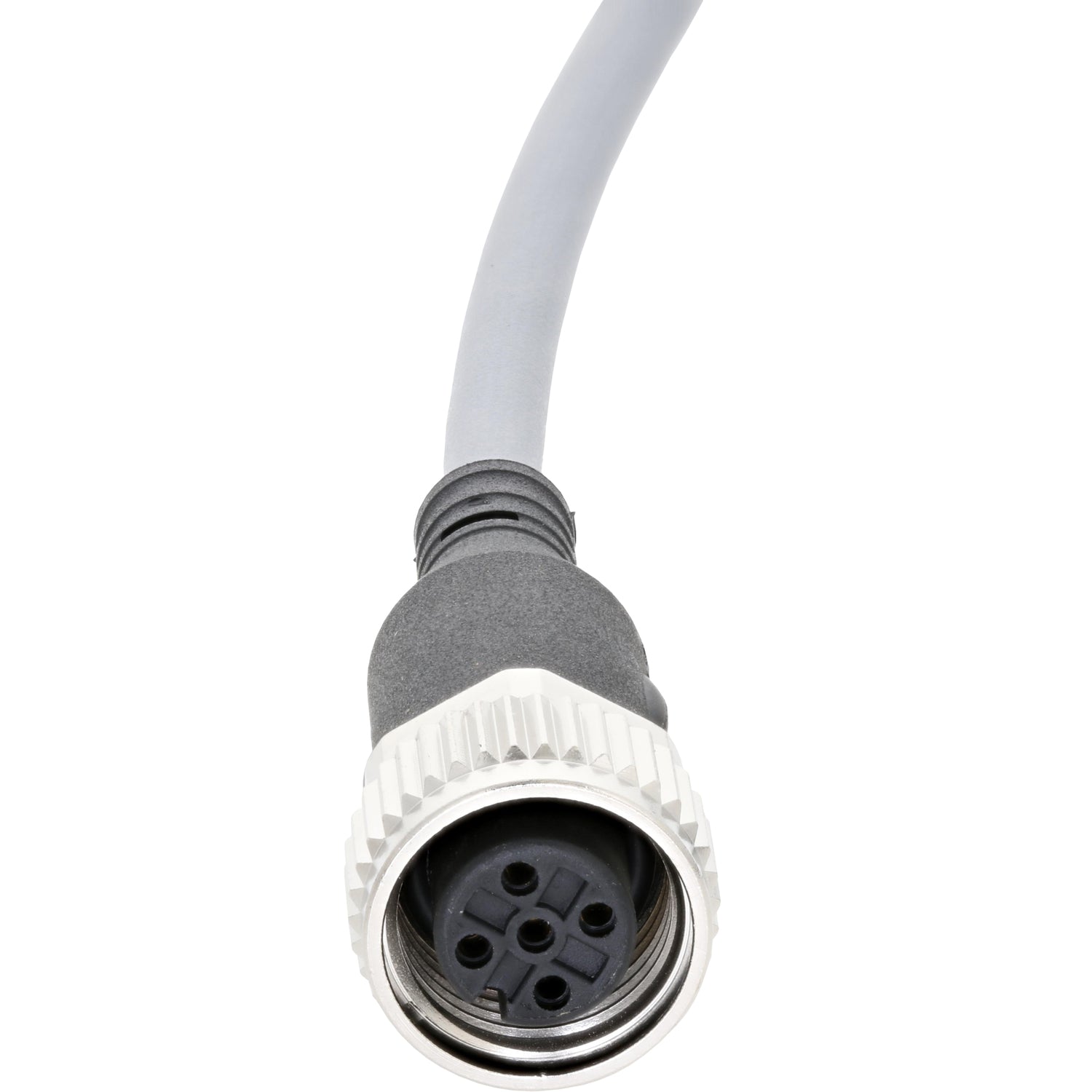 Grey connecting cable with a straight molded end on the other. Cable shown on white background.. 