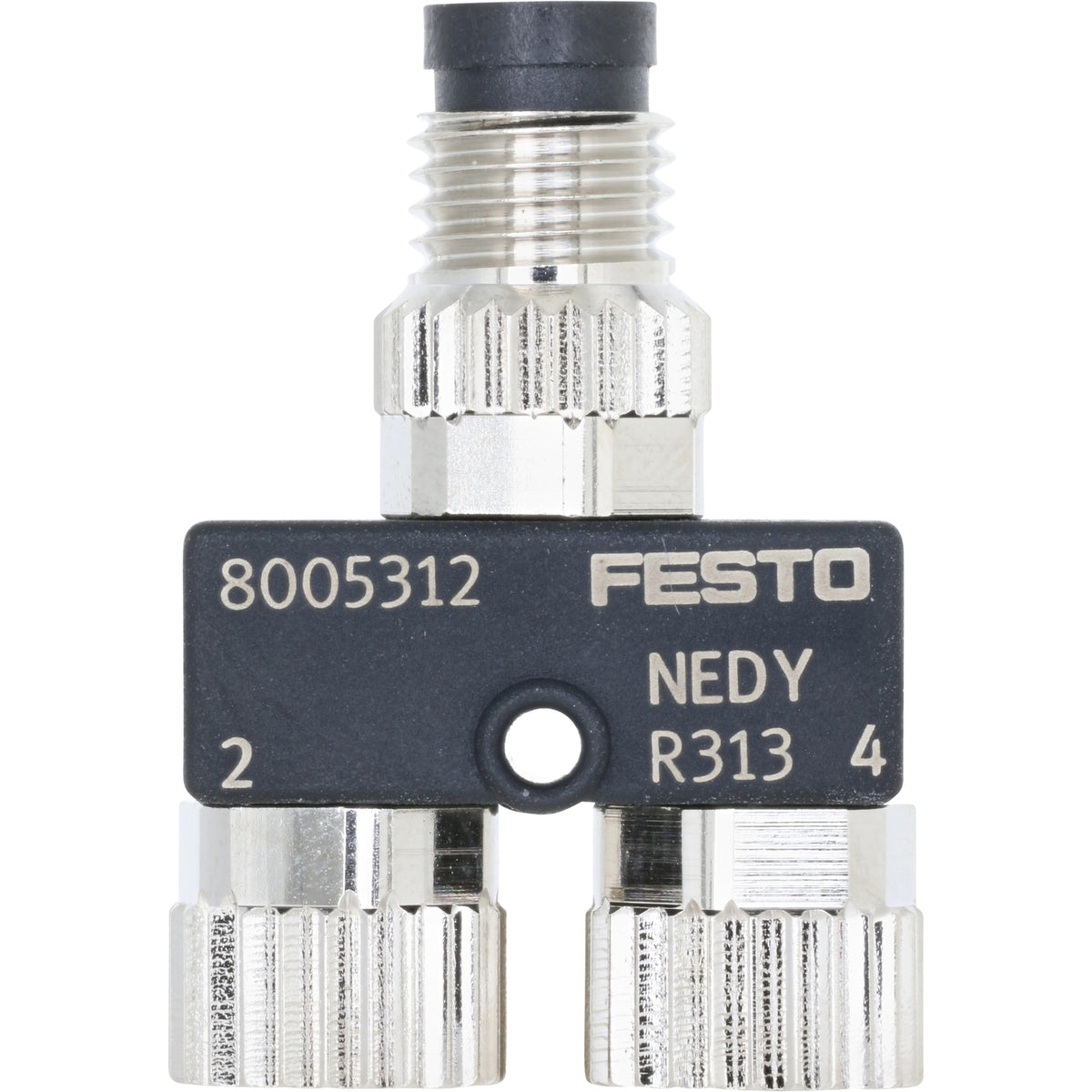 2 to 1 Y distributor with black plastic housing and threaded nickel-plated brass ports on white background.