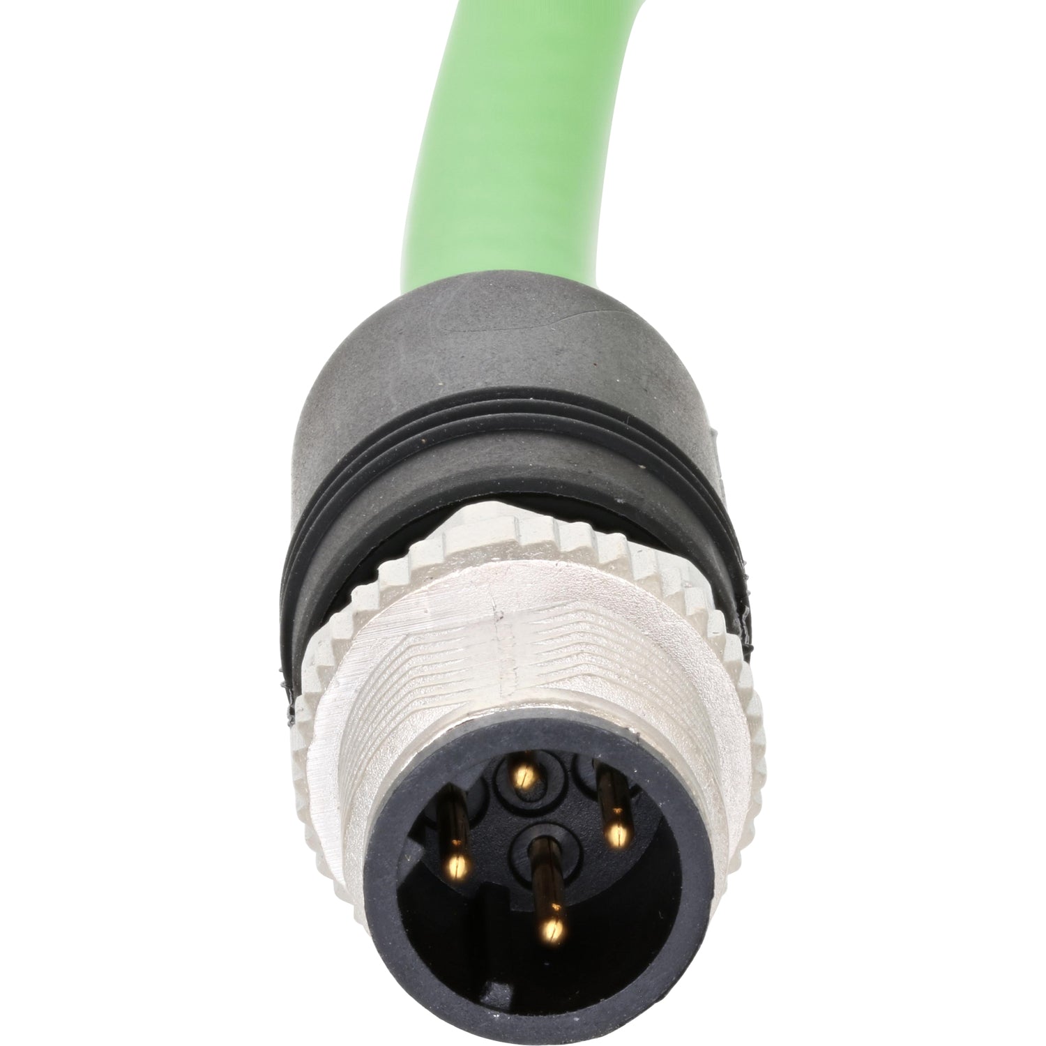 Green connecting cable with nickel-plated, four-pin male connector on white background. 