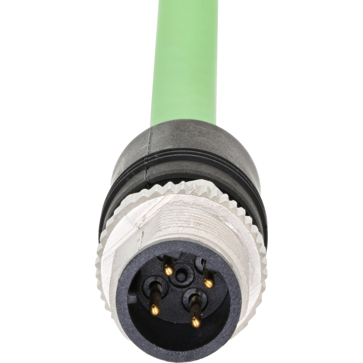 Green connecting cable with nickel-plated, four-pin male connector on white background. 
