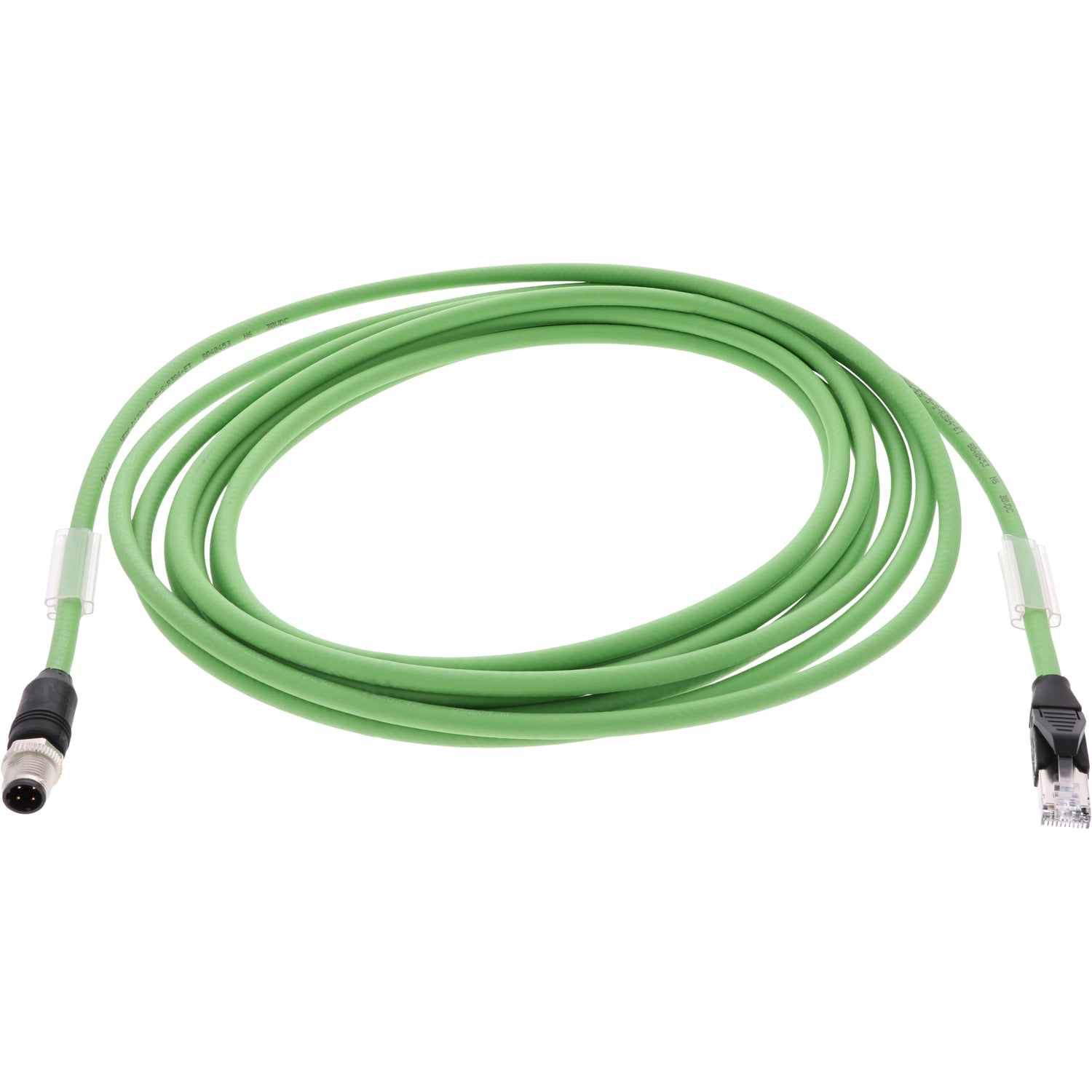 Green 5 meter connecting cable with nickel-plated, four-pin male connector on one end and an RJ45 plug on the other. Cable shown on white background. 