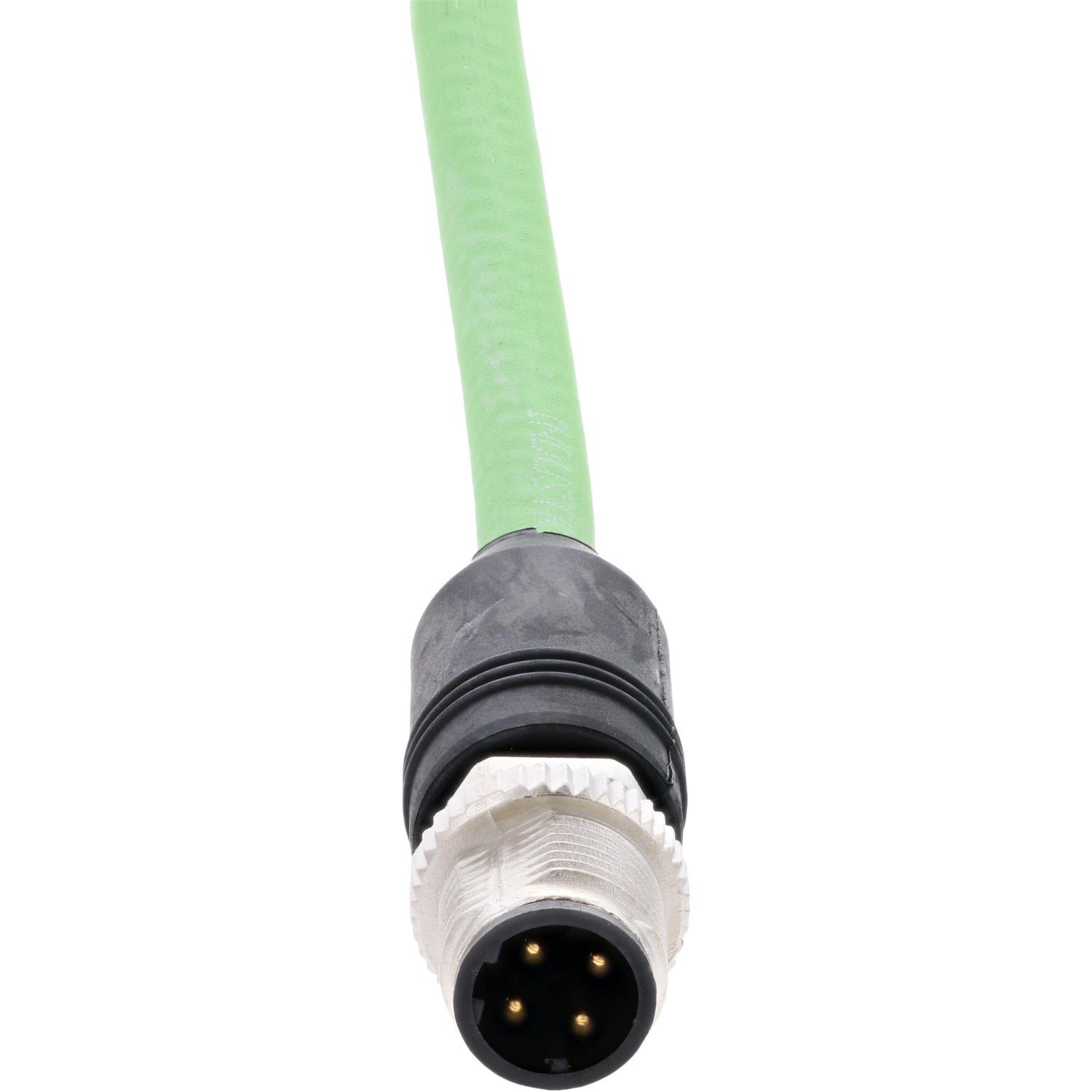 Green connecting cable with nickel-plated four-pin male connector on white background. 