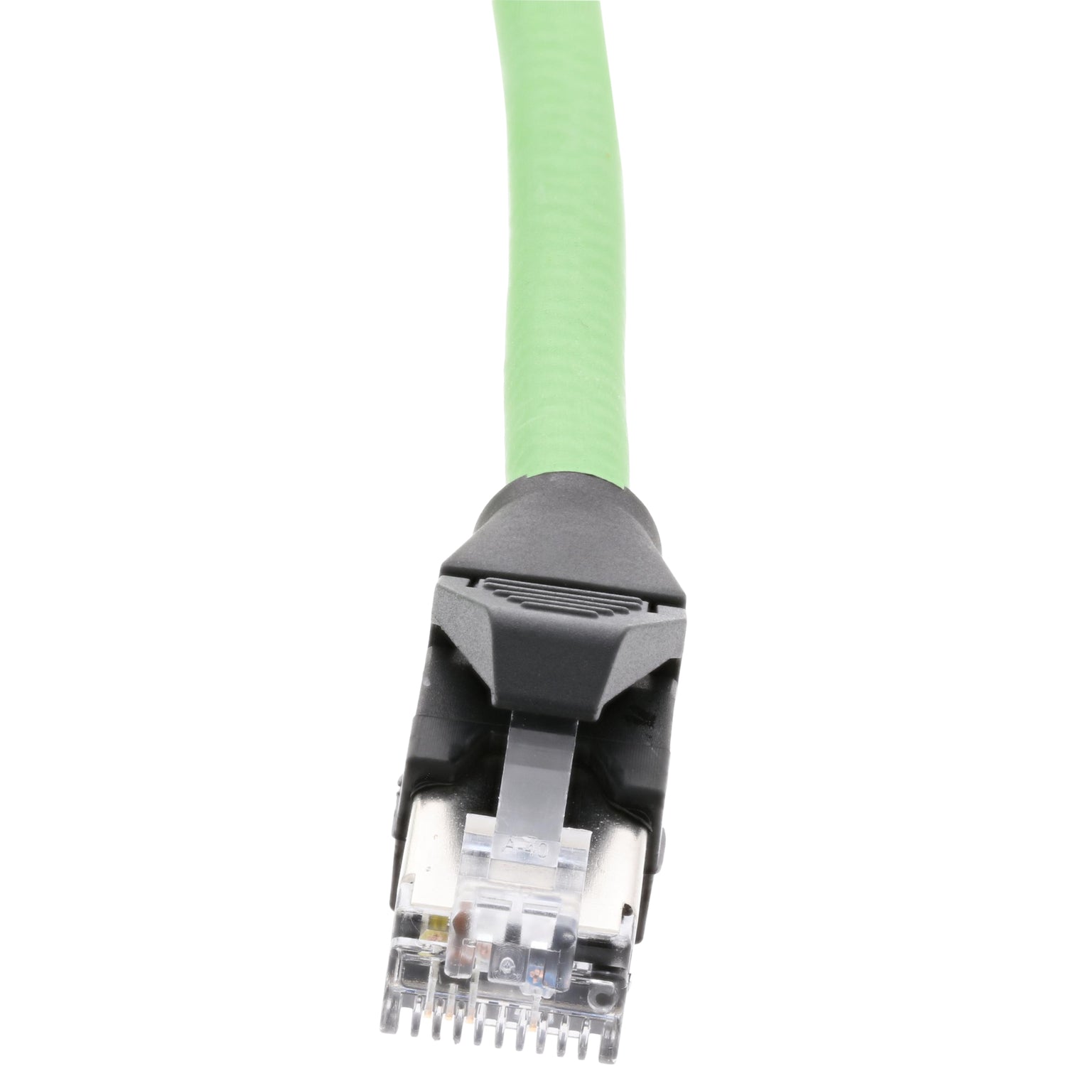 Green connector cable with RH45 plug on white background. 