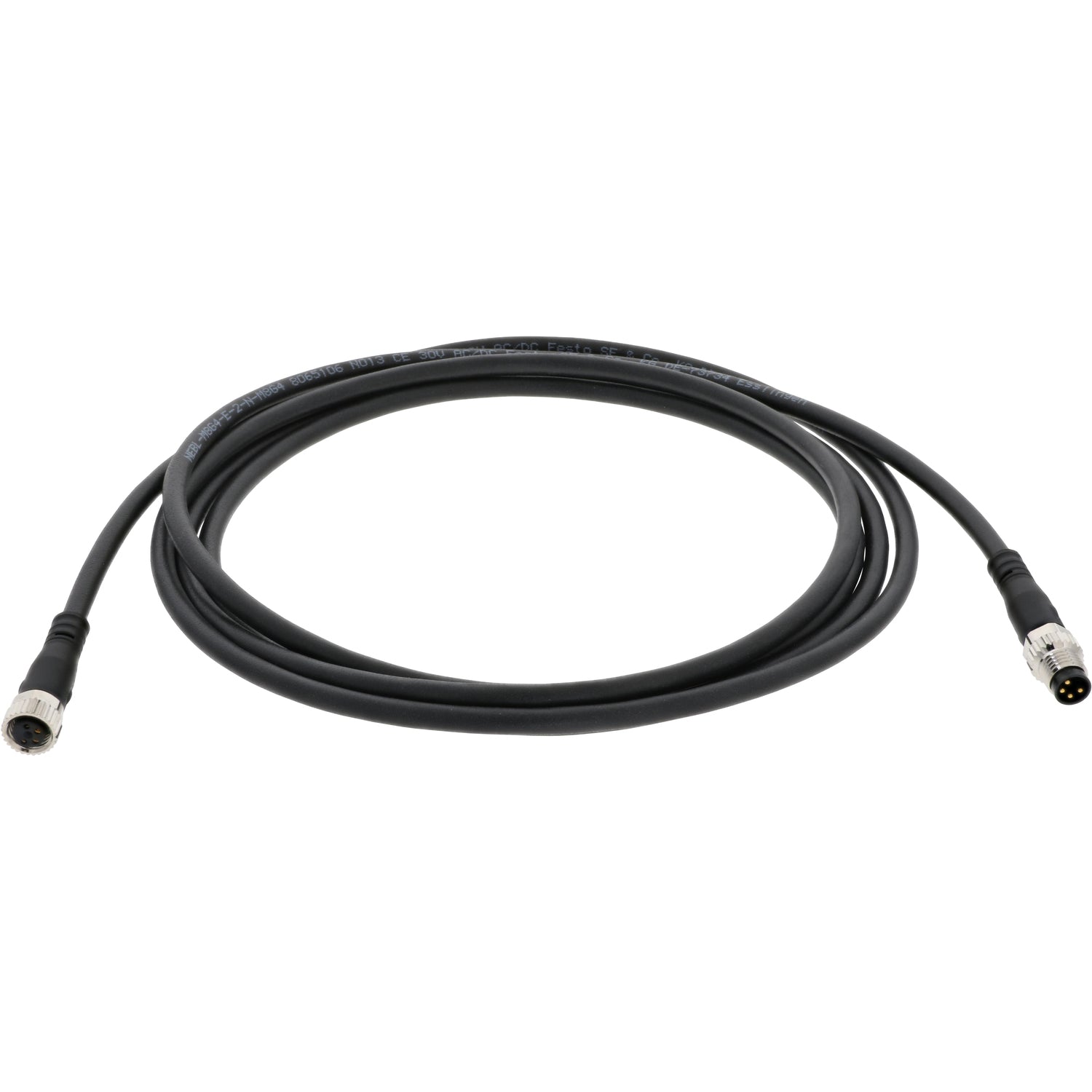 Coiled black 2 meter connecting cable with a four pin female connector on one end and a four pin male connector on the other. Cable shown on white background.