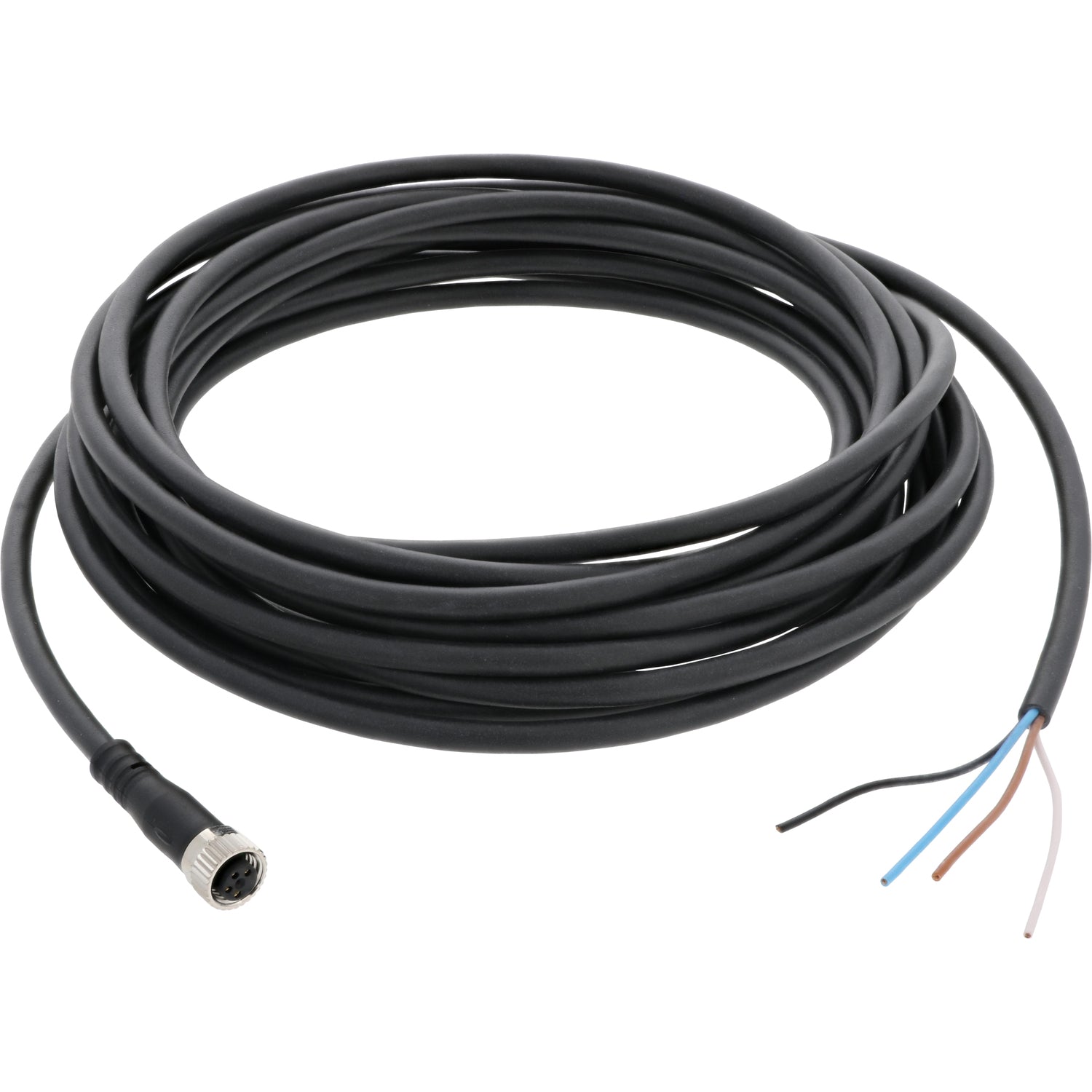 Black 5 meter connecting cable with a nickel plated four-pin female connector on one end and an a black, blue, brown and white wire on the other. Cable is shown on a white background. 