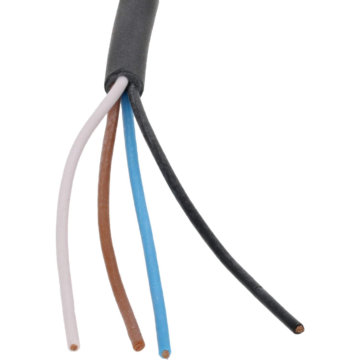 Black open ended connecting cable with white, brown, blue, and black wires on a white background 