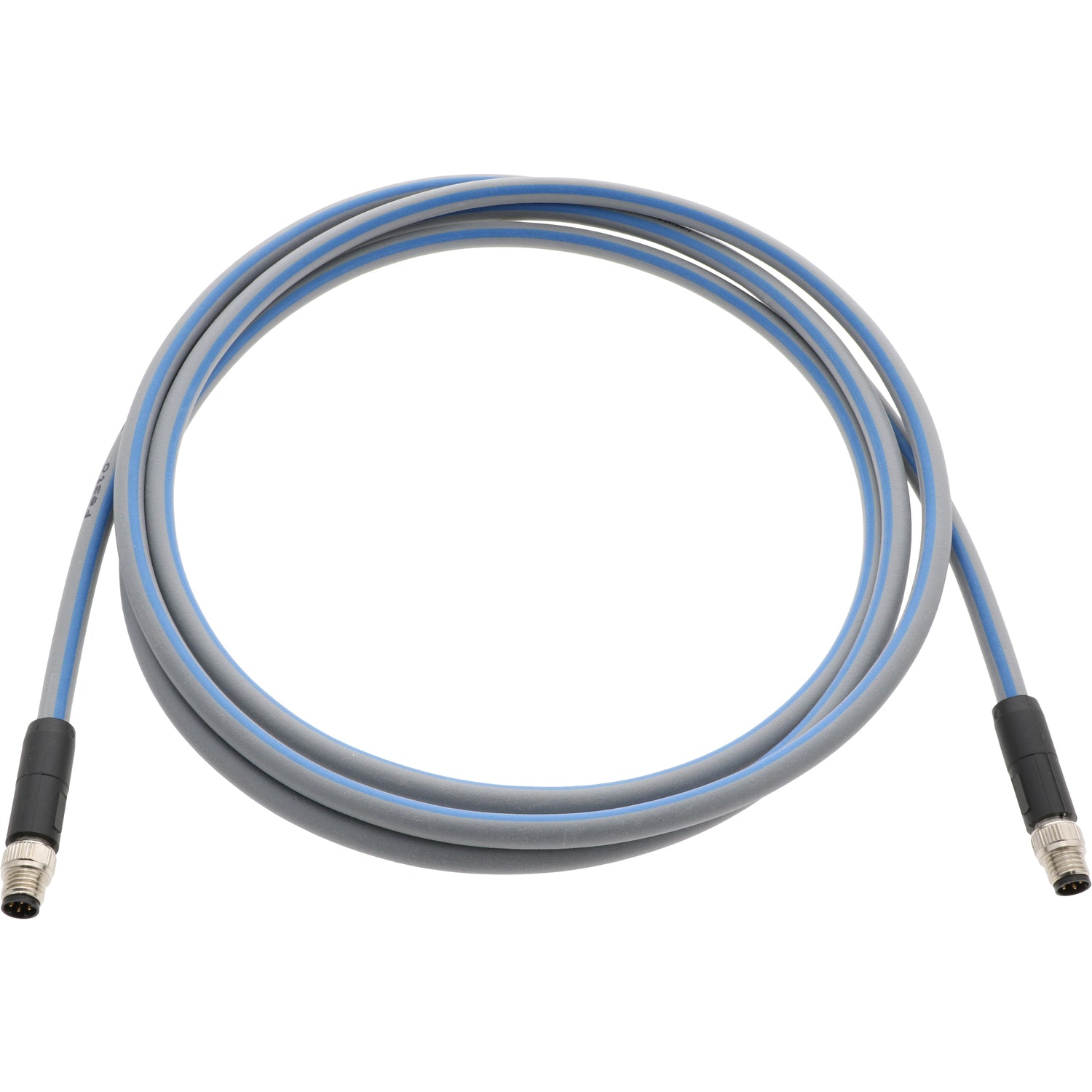 Blue and grey .3 meter connecting cable with nickel plated four pin connectors on both ends. Cable shown on white background.