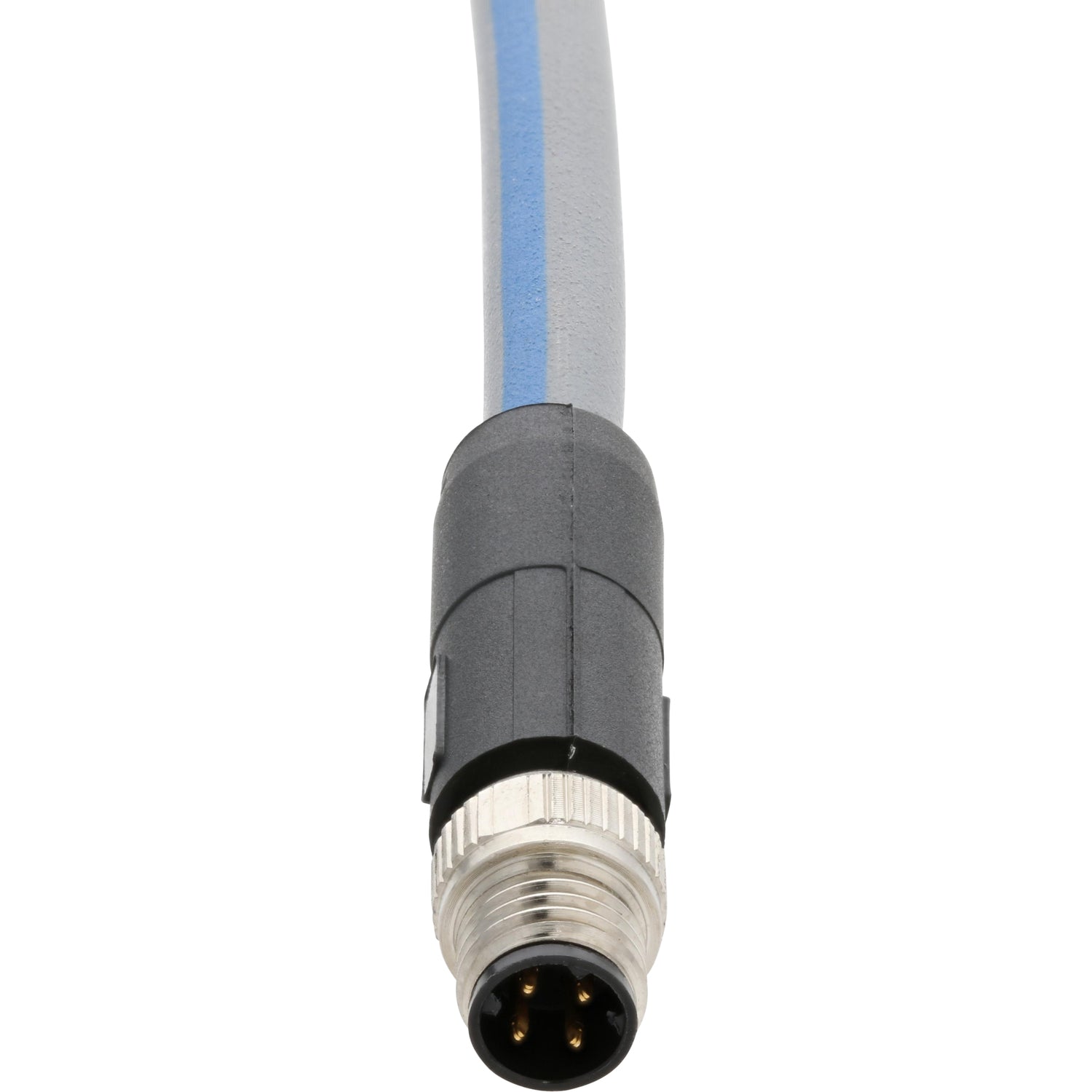 Blue and grey connecting cable with nickel plated four pin male connector on white background.