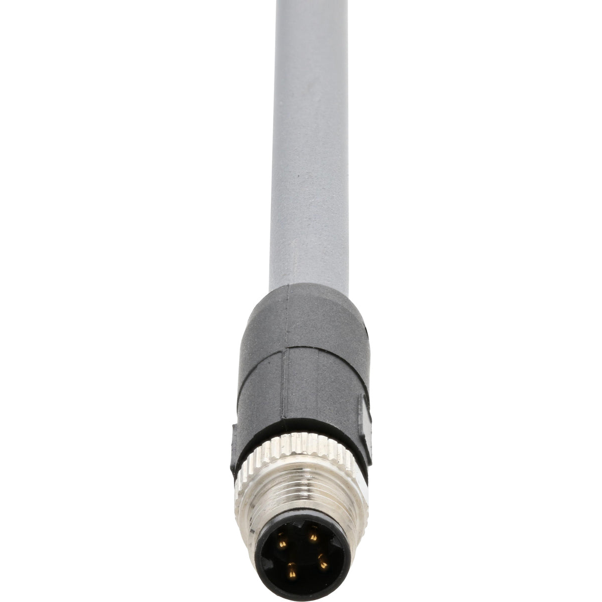 Blue and grey connecting cable with nickel plated four pin male connector on white background.