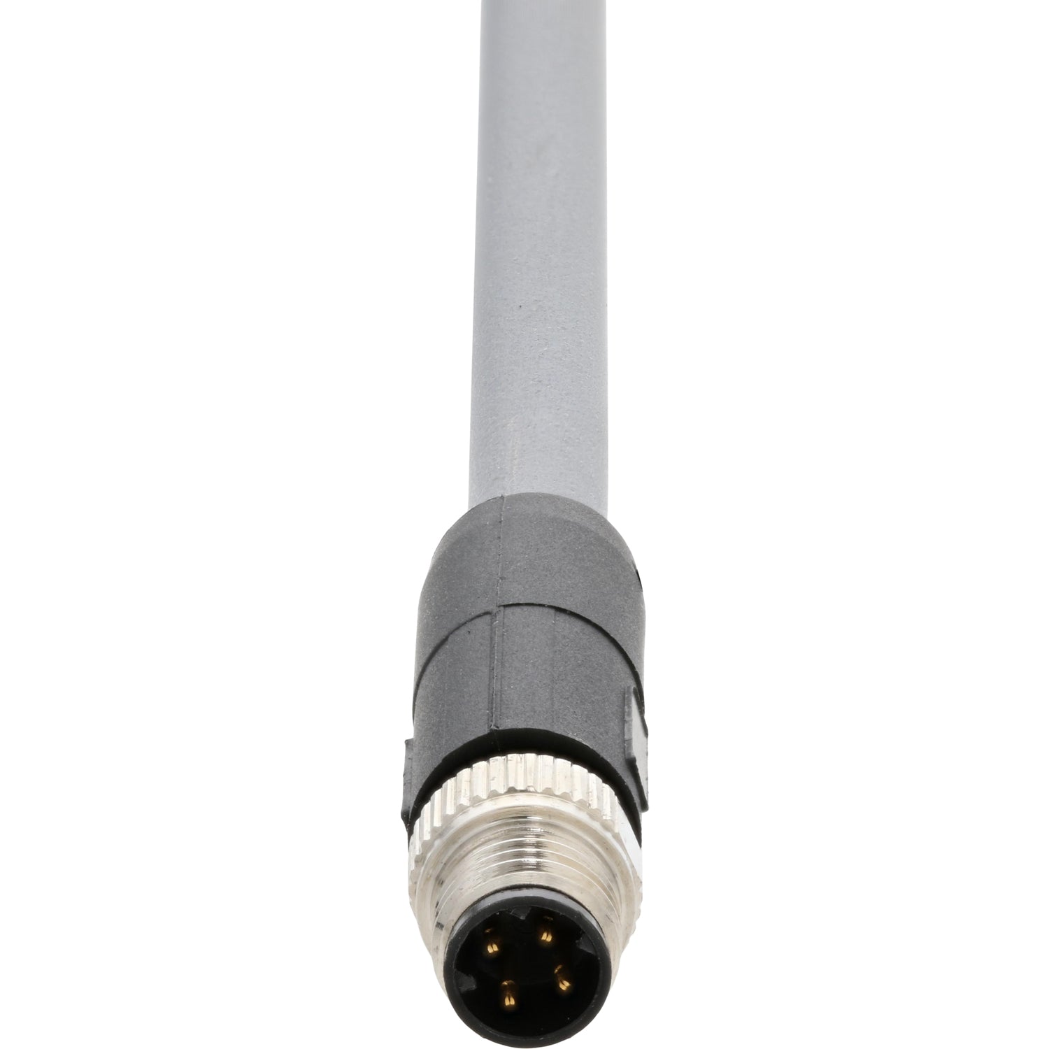 Blue and grey connecting cable with nickel plated four pin male connector on white background.