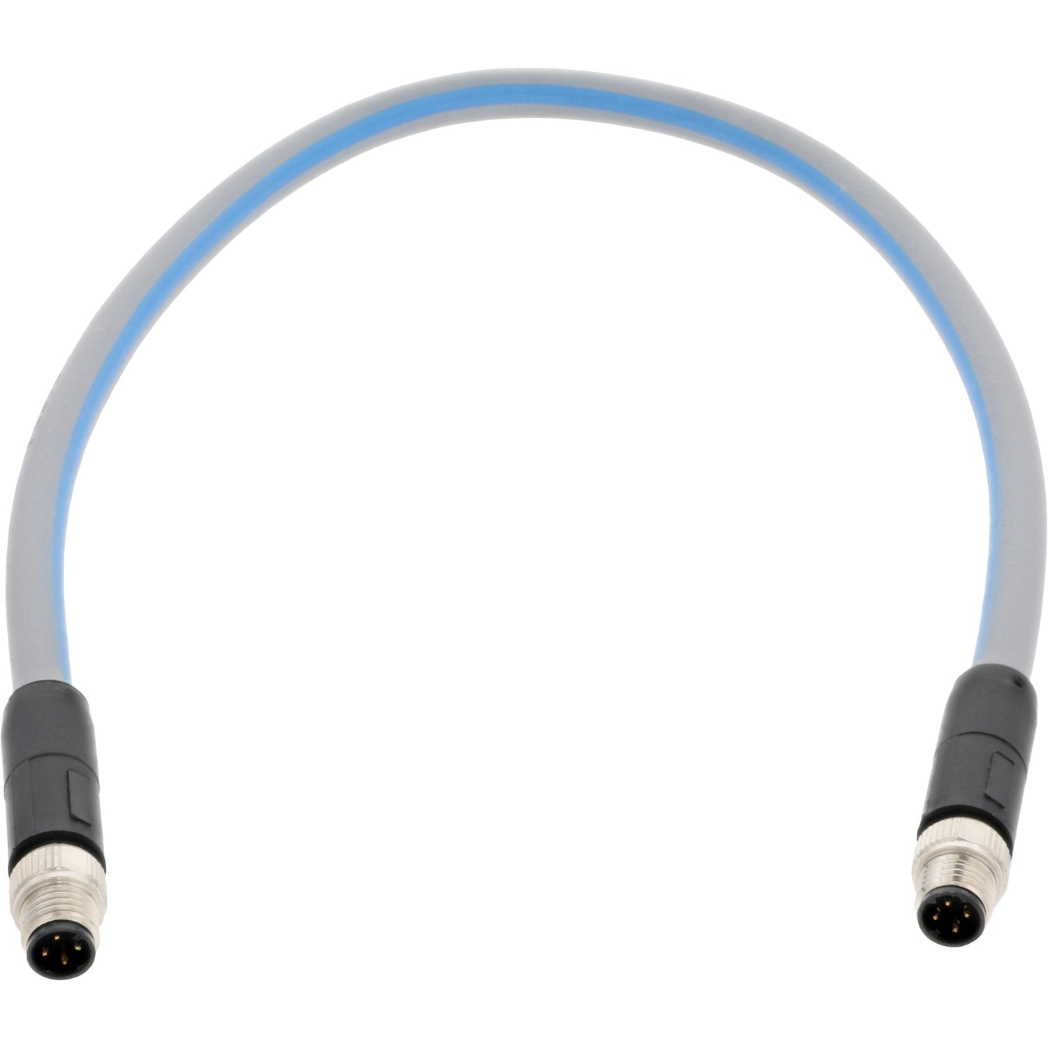 Blue and grey .3 meter connecting cable with nickel plated four pin connectors on both ends. Cable shown on white background. 