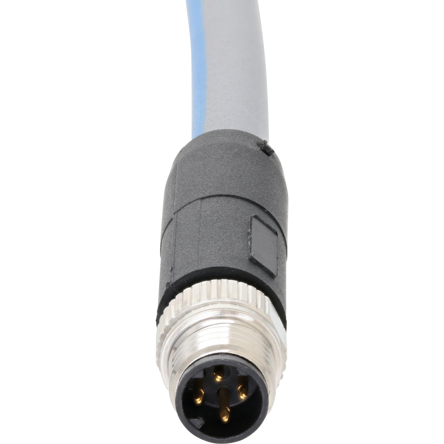 Blue and grey connecting cable with nickel plated four pin male connector on white background. 
