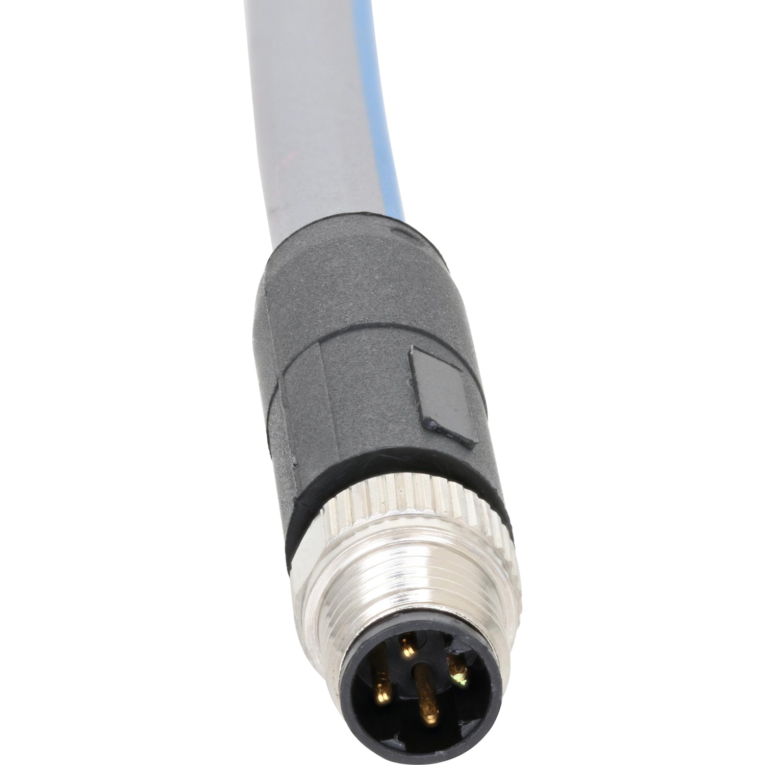 Blue and grey connecting cable with nickel plated four pin male connector on white background. 