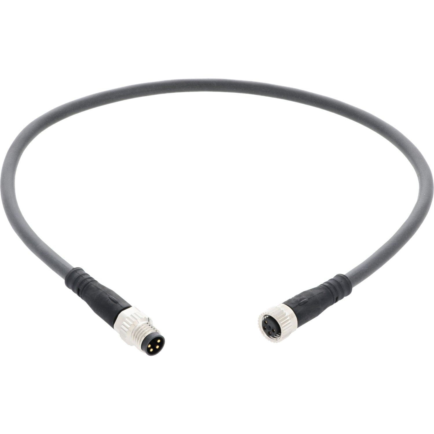 Dark grey connecting cable with nickel plated four pin male connector on one end and a nickel plated four pin female connector on the other. Cable shown on a white background. 