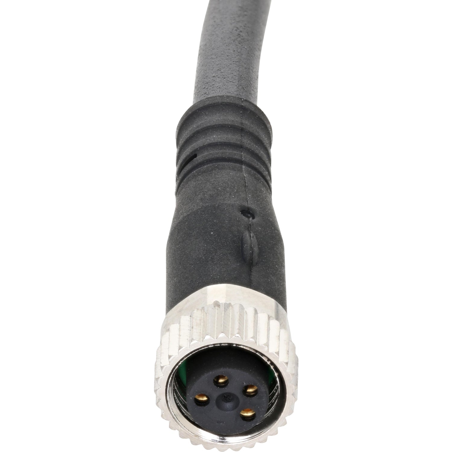 Dark grey connecting cable with nickel plated four pin female connector on white background. 