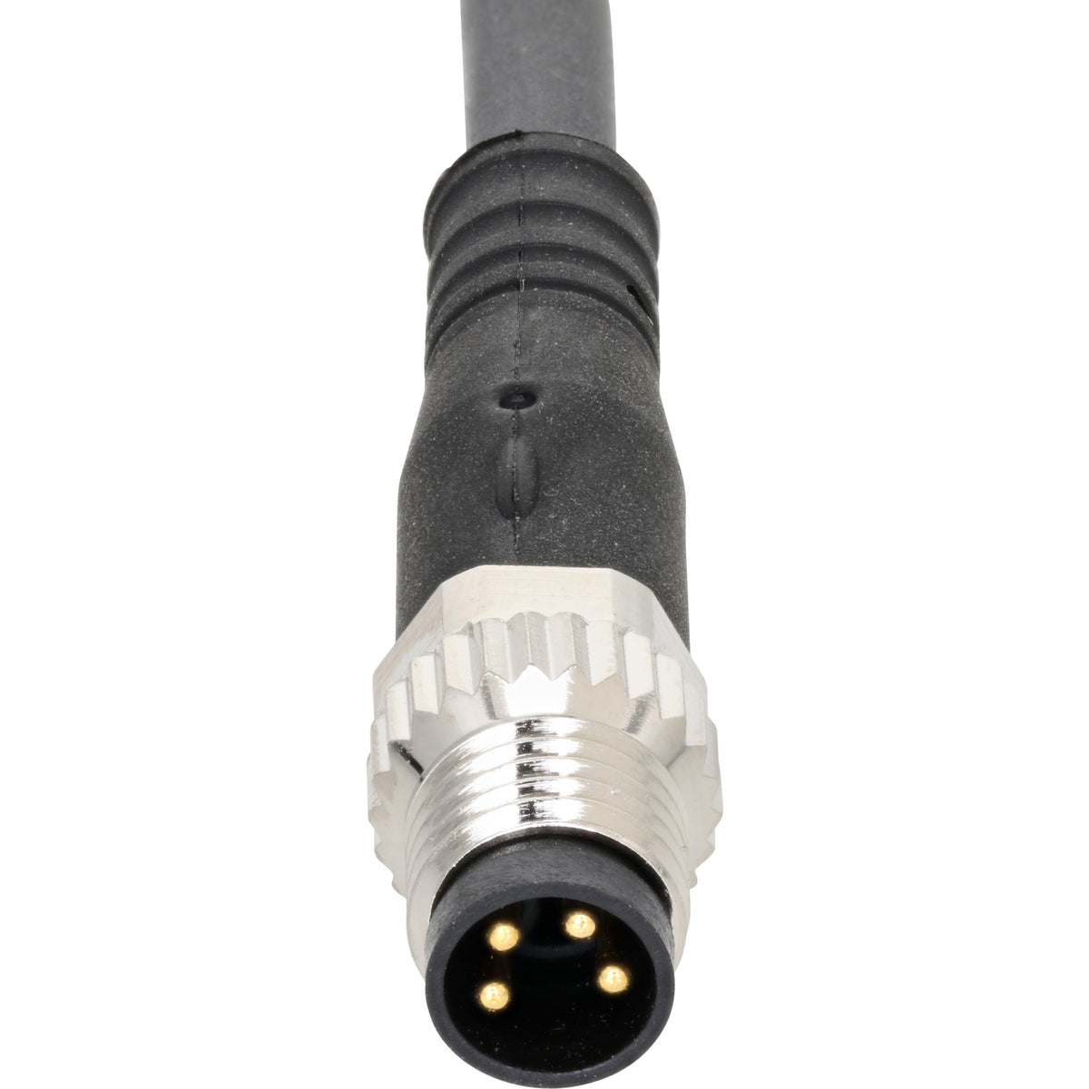 Dark grey connecting cable with nickel plated four pin male connector on white background.