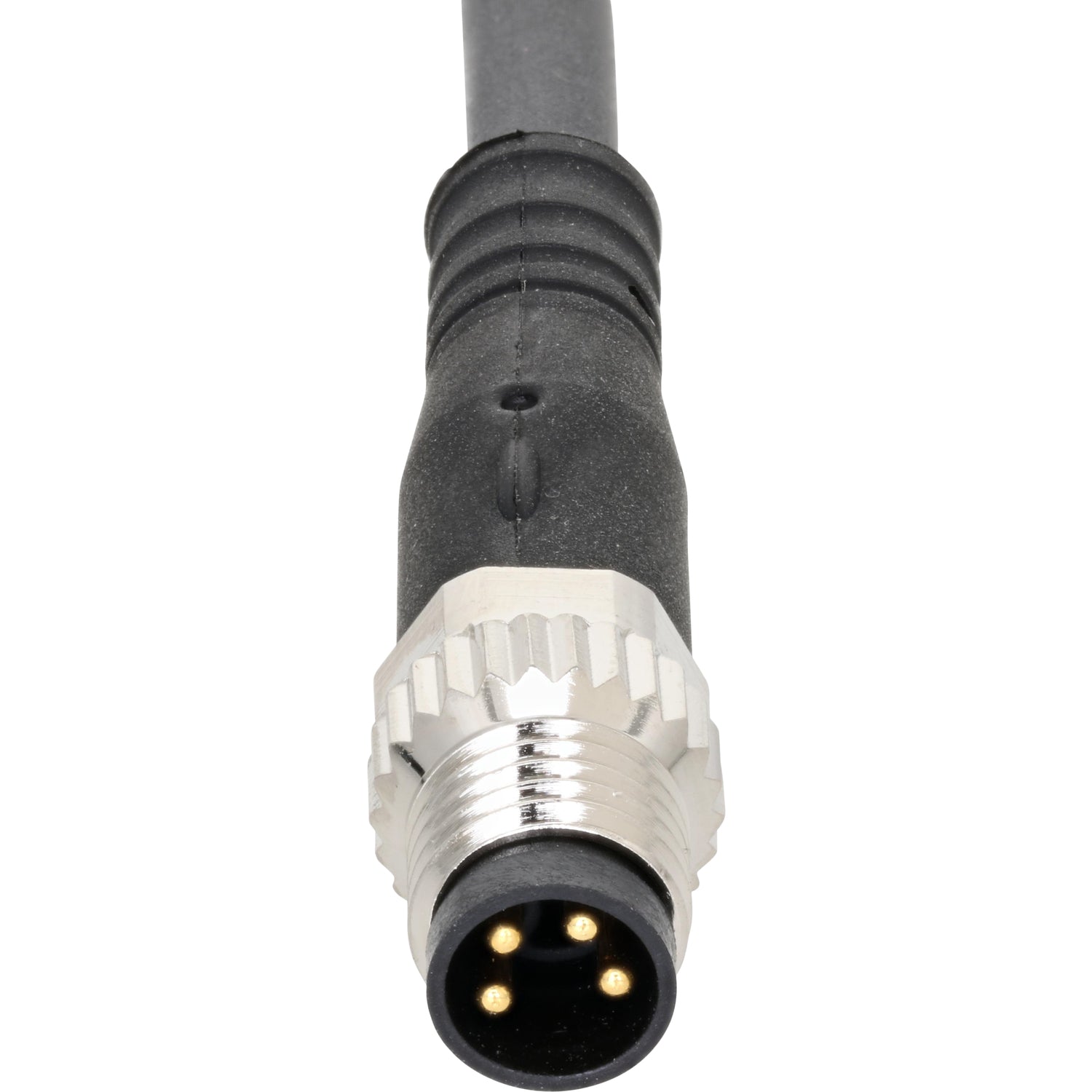 Dark grey connecting cable with nickel plated four pin male connector on white background.