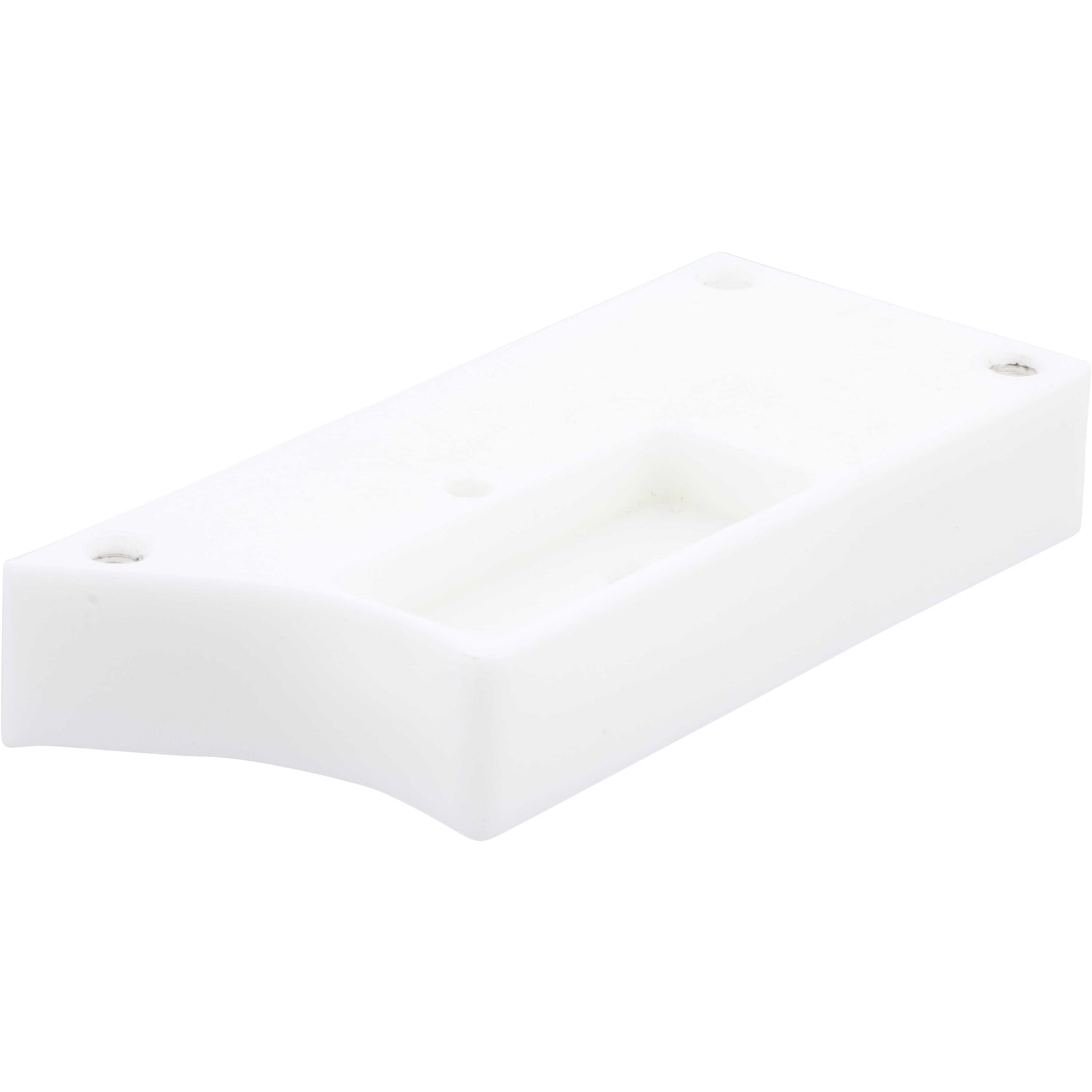 White plastic block with rounded edges and two through holes shown on white background. 