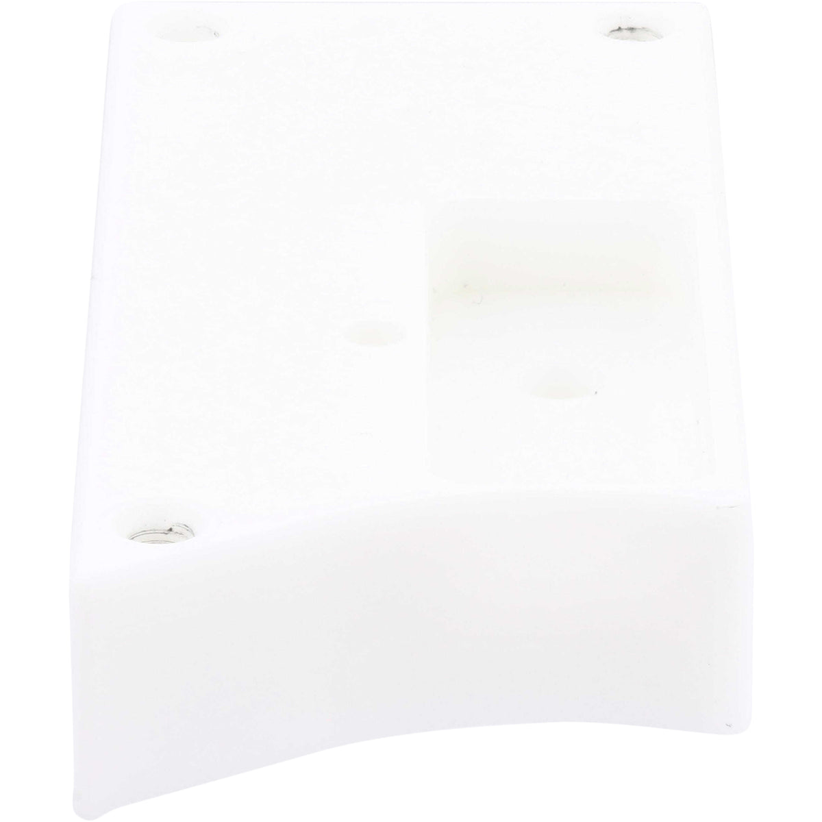 White plastic block with rounded edges and two through holes shown on white background. 