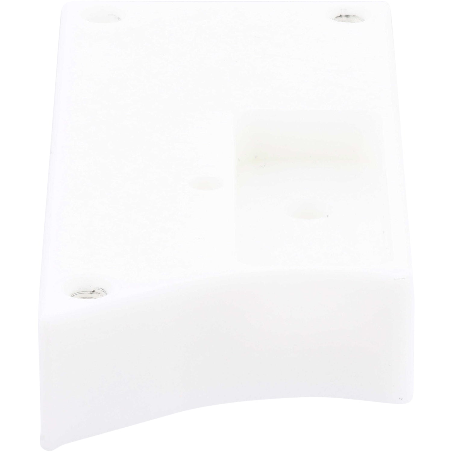 White plastic block with rounded edges and two through holes shown on white background. 