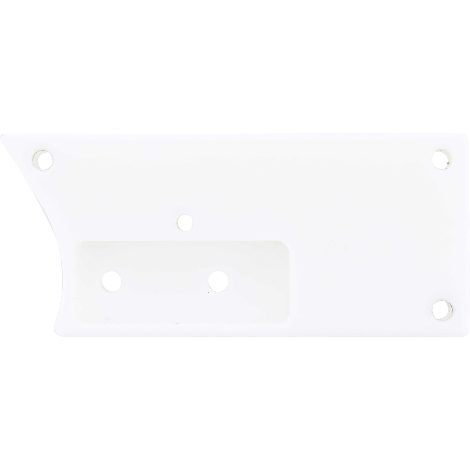 White plastic block with rounded edges and two through holes shown on white background. 
