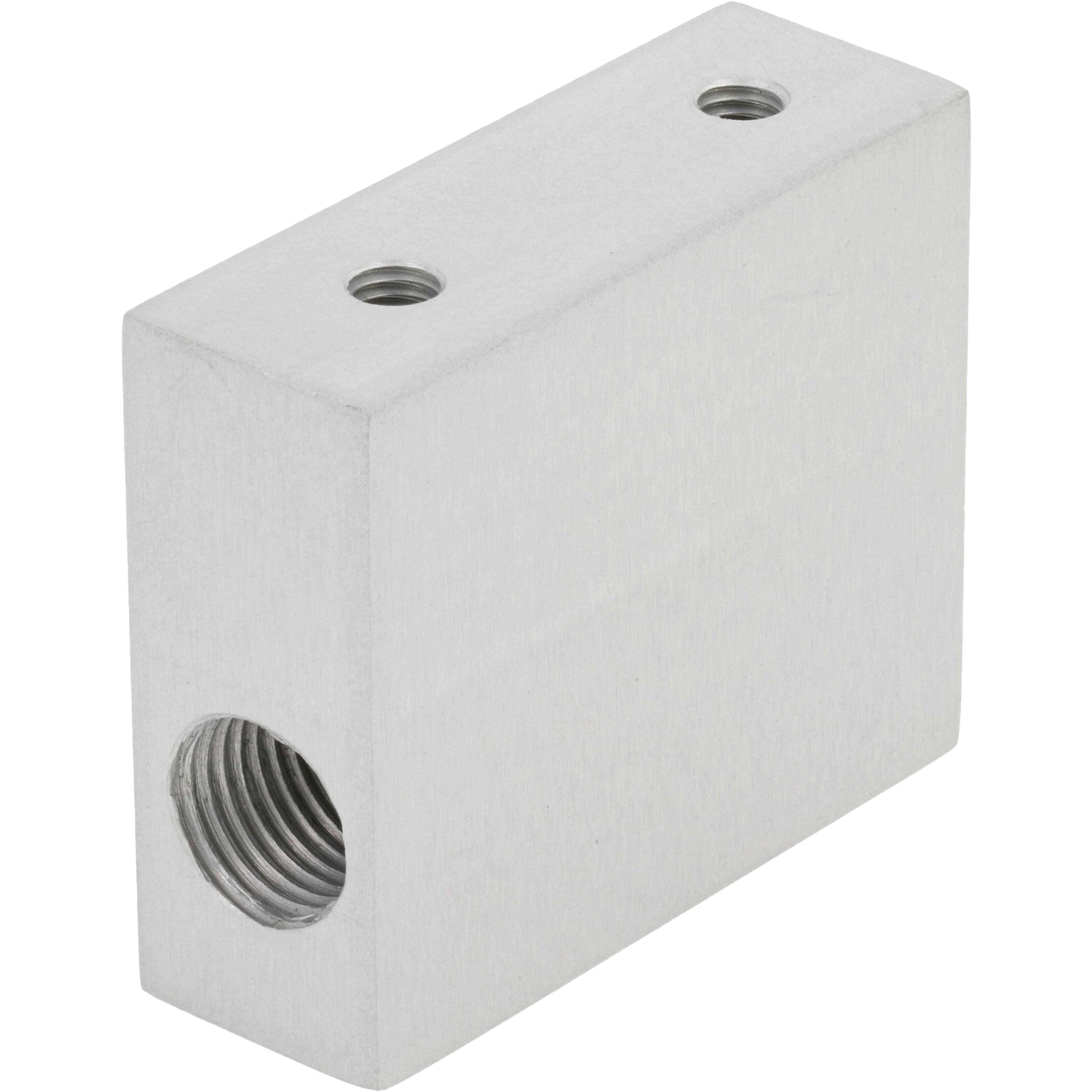 Rectangular hard anodized aluminum block. Two smaller threaded holes are on the top surface and one larger threaded hole is on the front surface. Part shown on white background. 