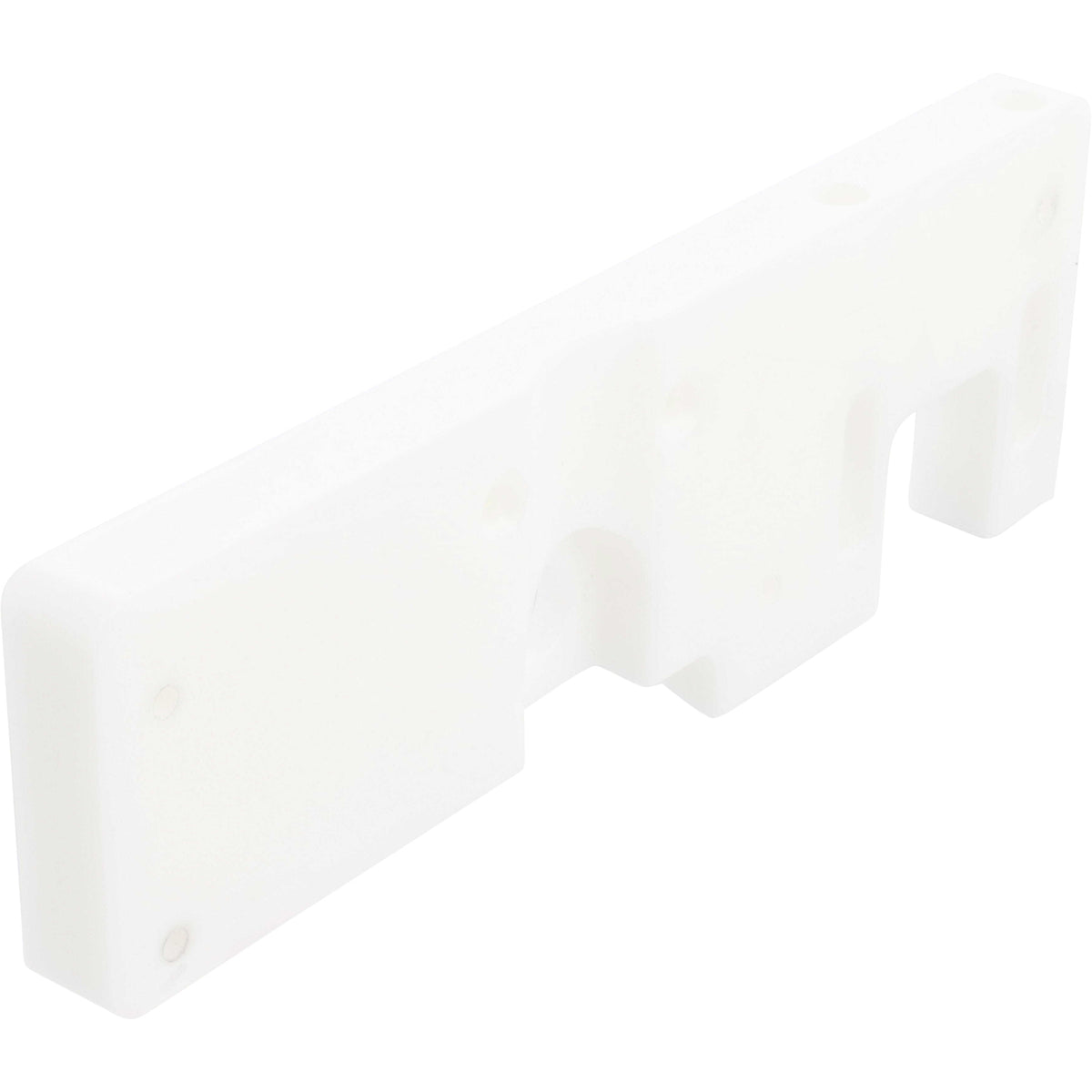 Rectangular, white machined plastic part with multiple mounting holes on white background.