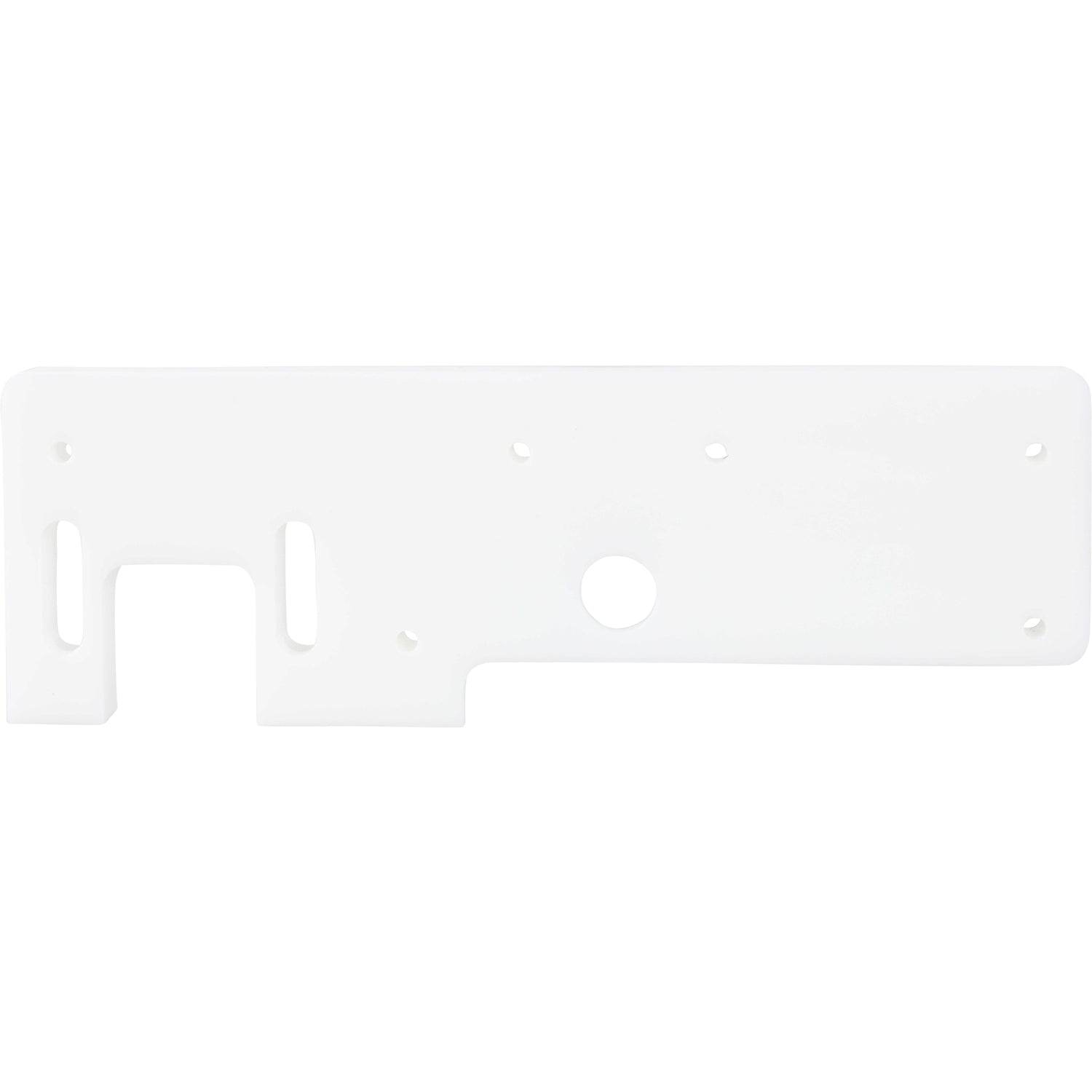 Rectangular, white machined plastic part with multiple mounting holes on white background.
