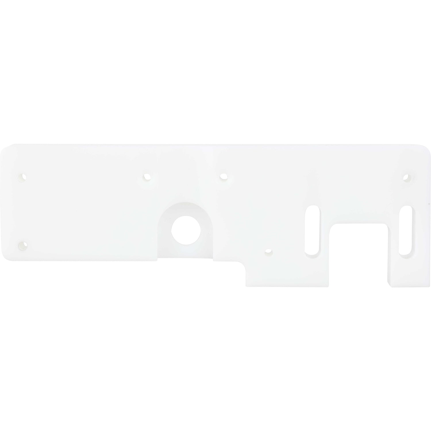 Rectangular, white machined plastic part with multiple mounting holes on white background.