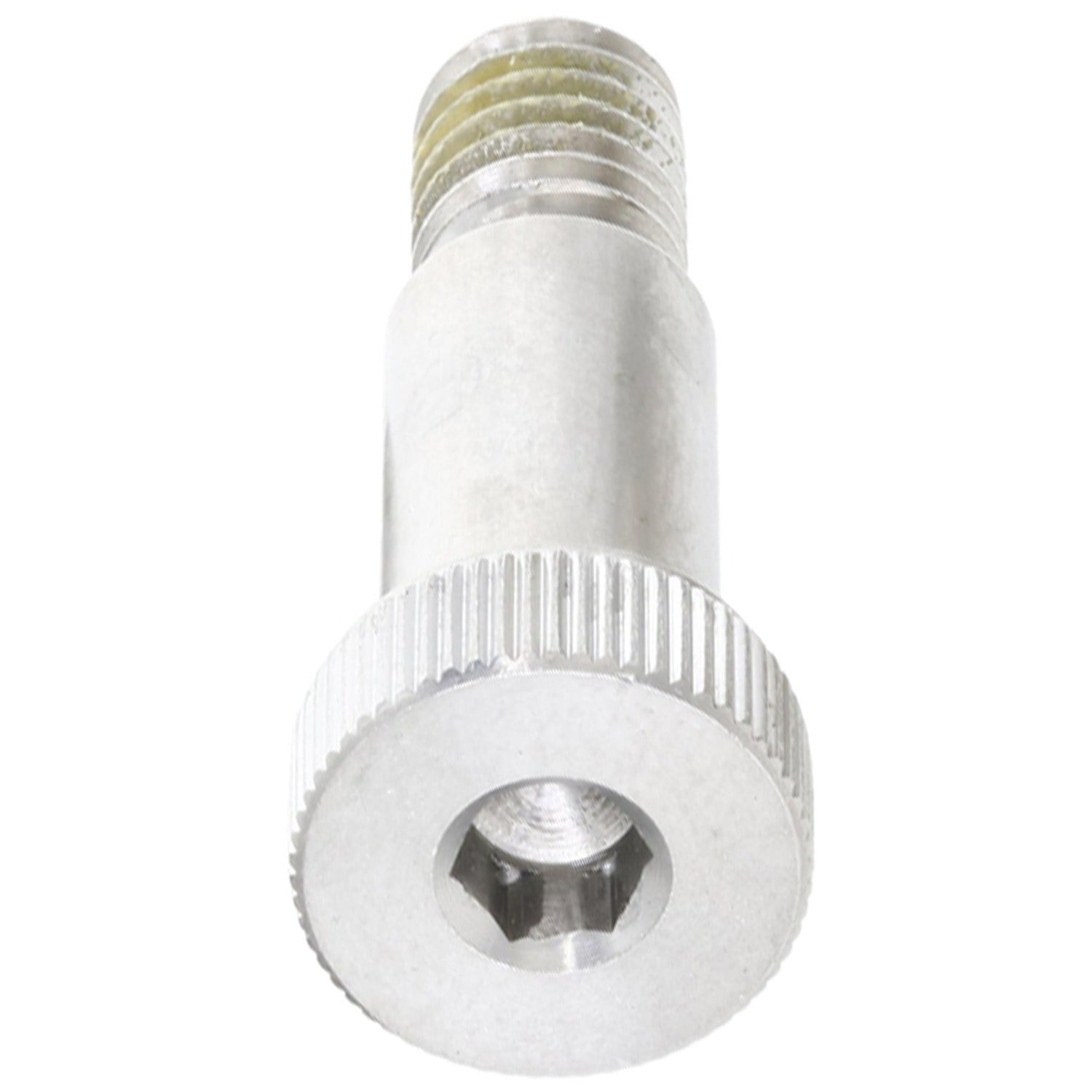 Stainless steel shoulder bolt with hex drive on white background. 