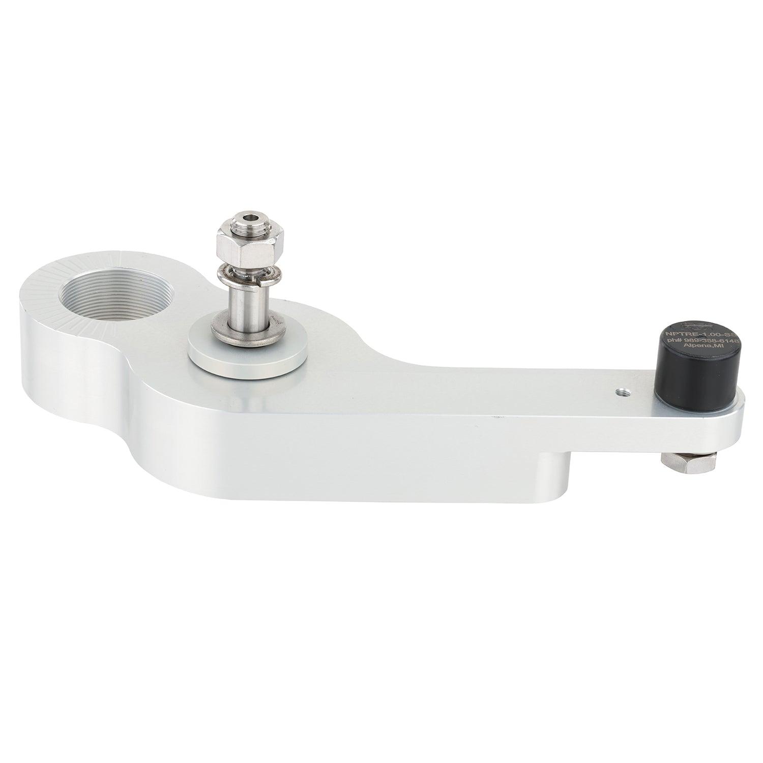 Grey hard anodized swing arm part, with threaded hole on one end and a black cam follower mounted to the narrow end. Stainless steel hardware is pressed through the center of the part. Part shown on a white background. 