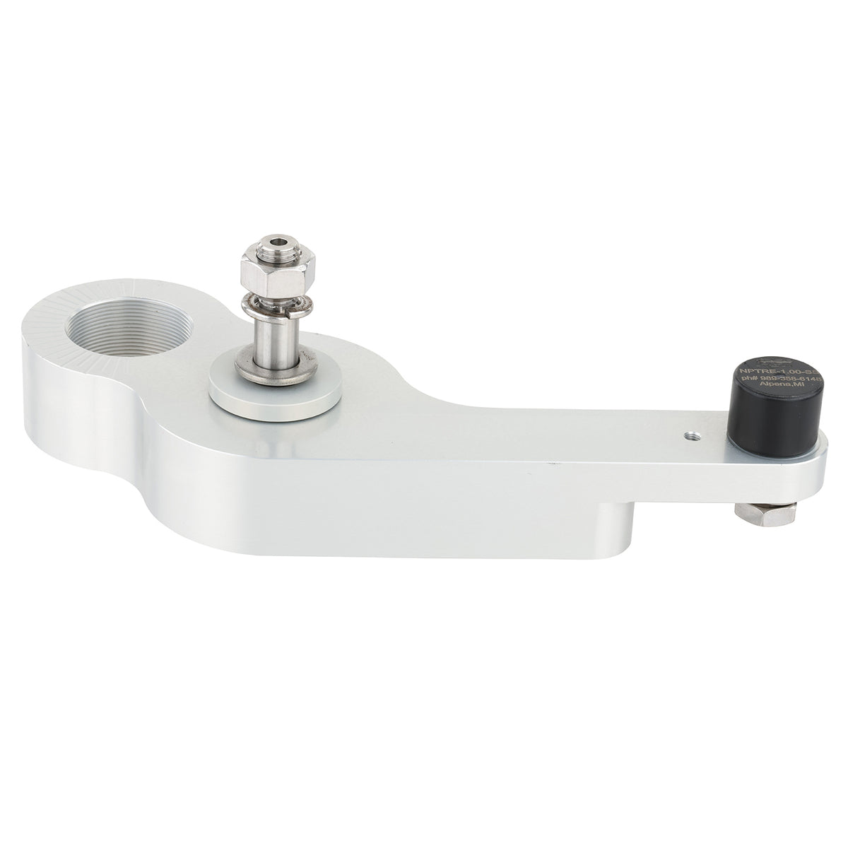 Grey hard anodized swing arm part, with threaded hole on one end and a black cam follower mounted to the narrow end. Stainless steel hardware is pressed through the center of the part. Part shown on a white background. 