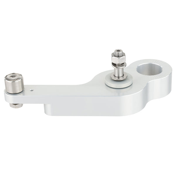 Grey hard anodized swing arm part, with threaded hole on one end and a stainless steel cam follower mounted to the narrow end. Stainless steel hardware is pressed through the center of the part. Part shown on a white background.
