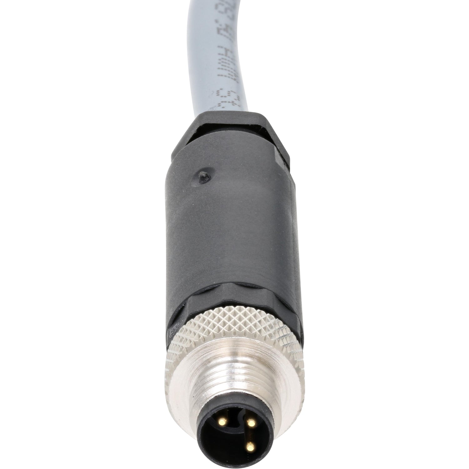 Cylindrical black plastic and stainless steel male plug, three-pin quick connect on white background. 