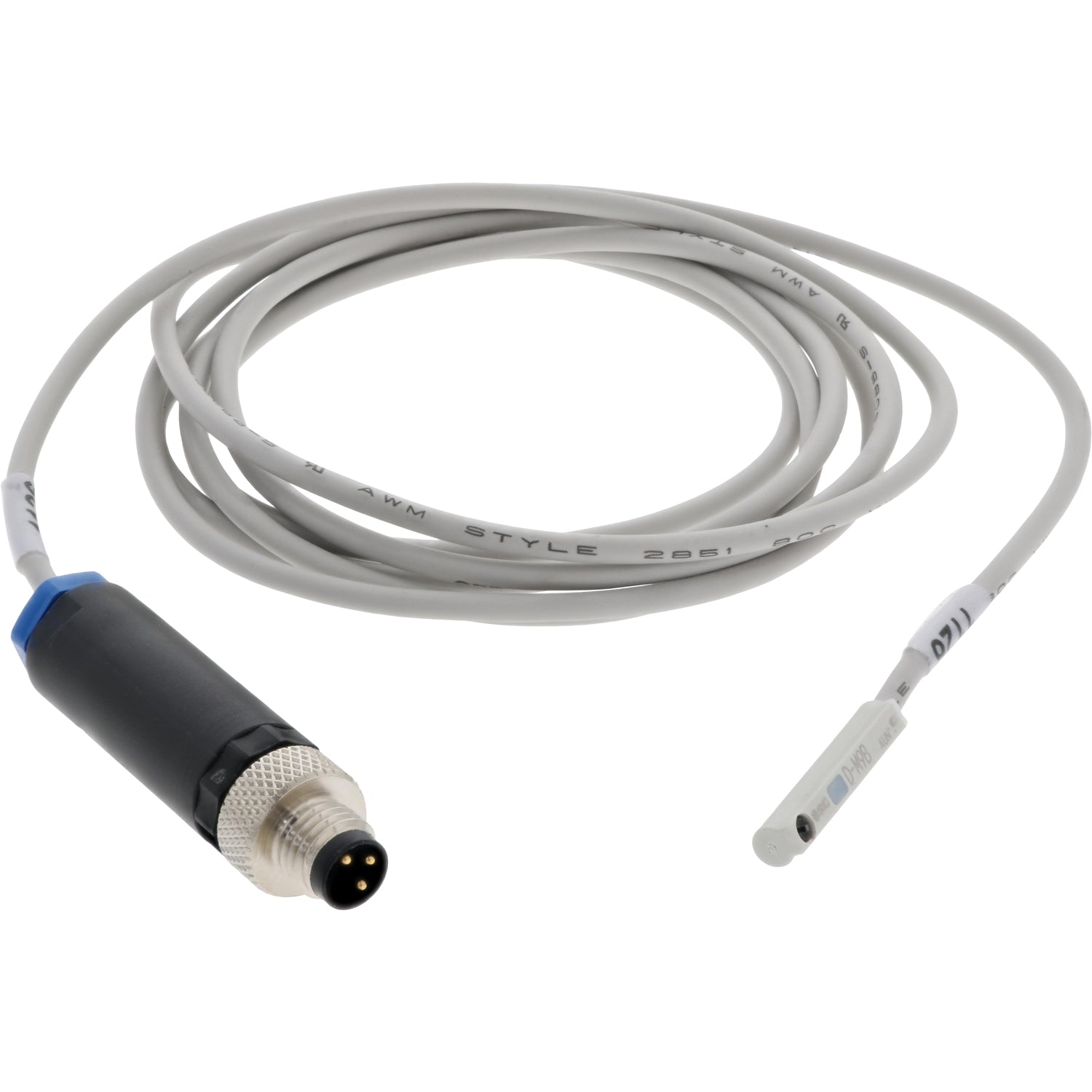 Light Grey, coiled connecting cable with small, white, rectangular sensor on one end and a blue and black quick connect on other end. Sensor and cable are shown on a white back ground.