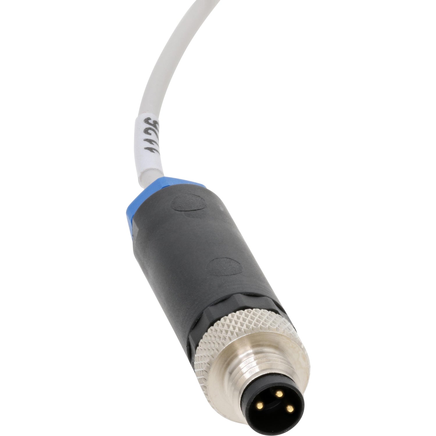 Light grey sensor cable with blue and black quick connect with stainless steel knurled tightening ring shown on white background. 