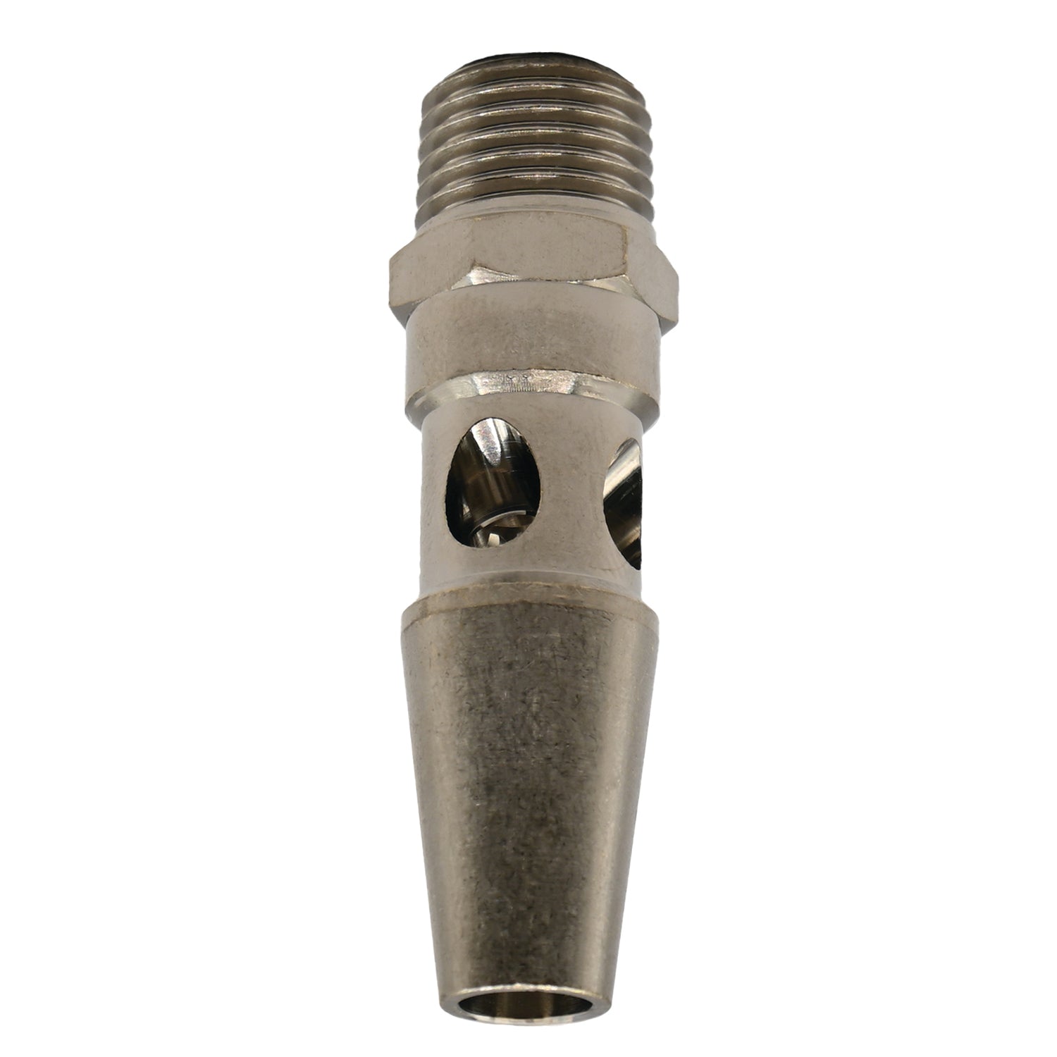 Conical metal air nozzle with threaded base and two through holes on white background. 